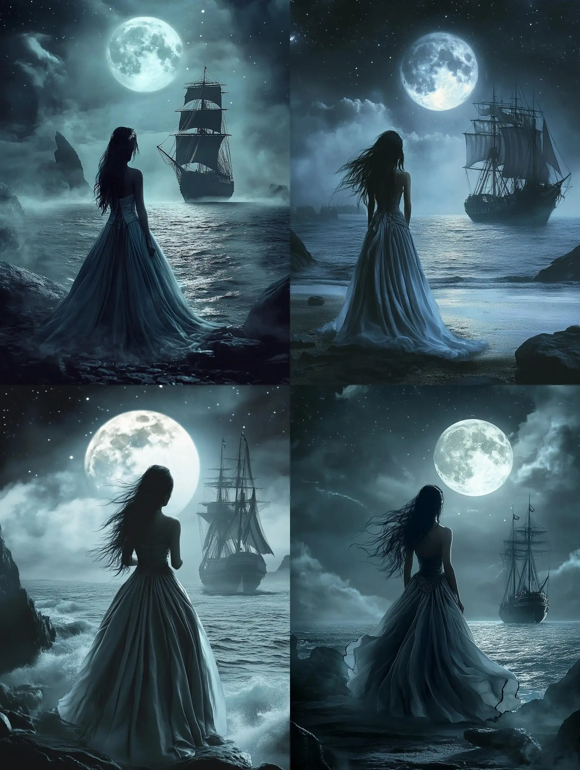 Beautiful-Woman-in-White-Silk-Dress-Waiting-on-Shore-for-Approaching-Galleon-at-Moonlit-Night