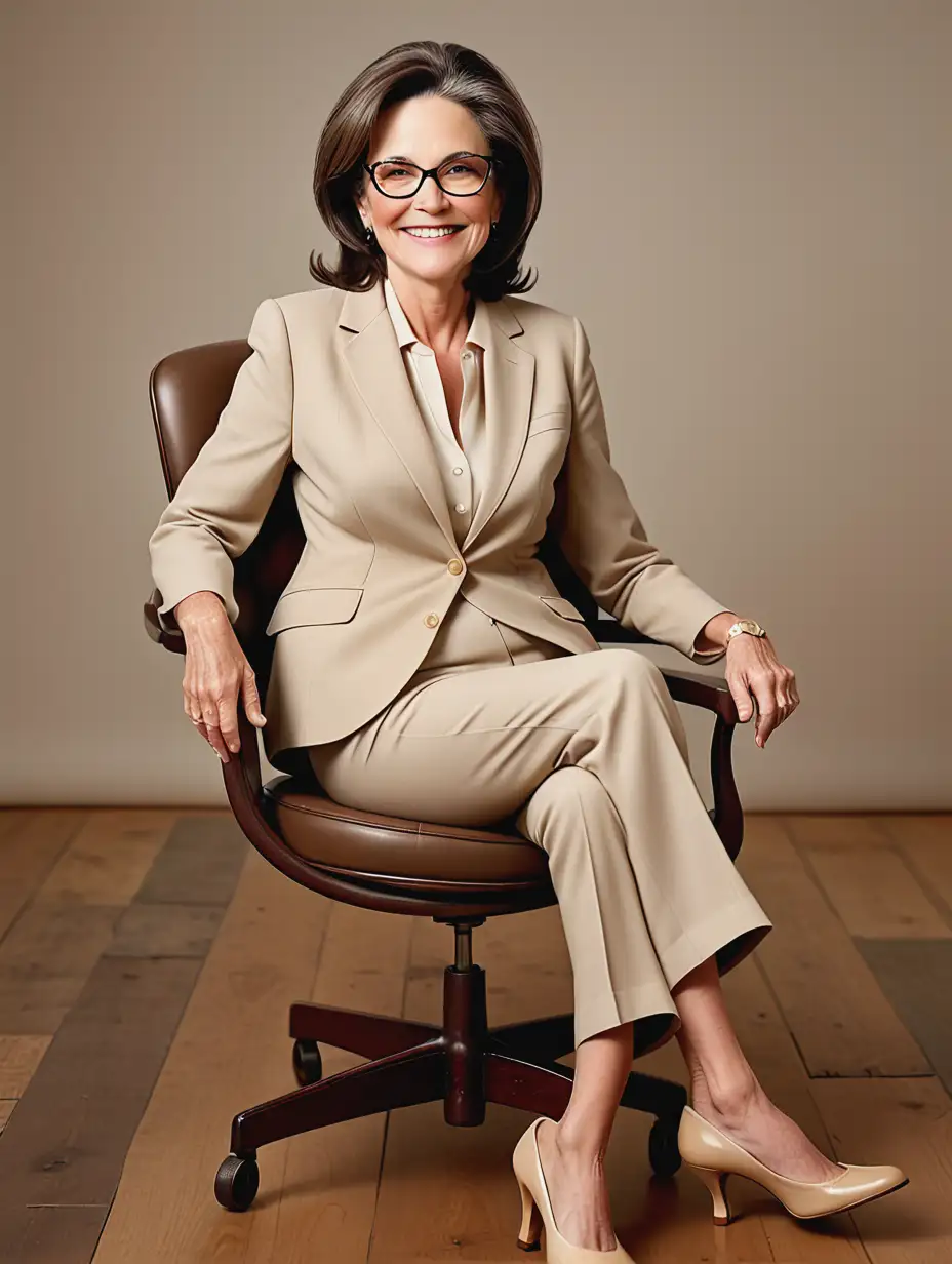 Lisa Feldman Barrett, sitting in a chair, 60 years old, glasses, straight brown hair, smiling, wooden floor, vintage round brown chair, full length, beige shoes, beige business suit Dior, warm tone)