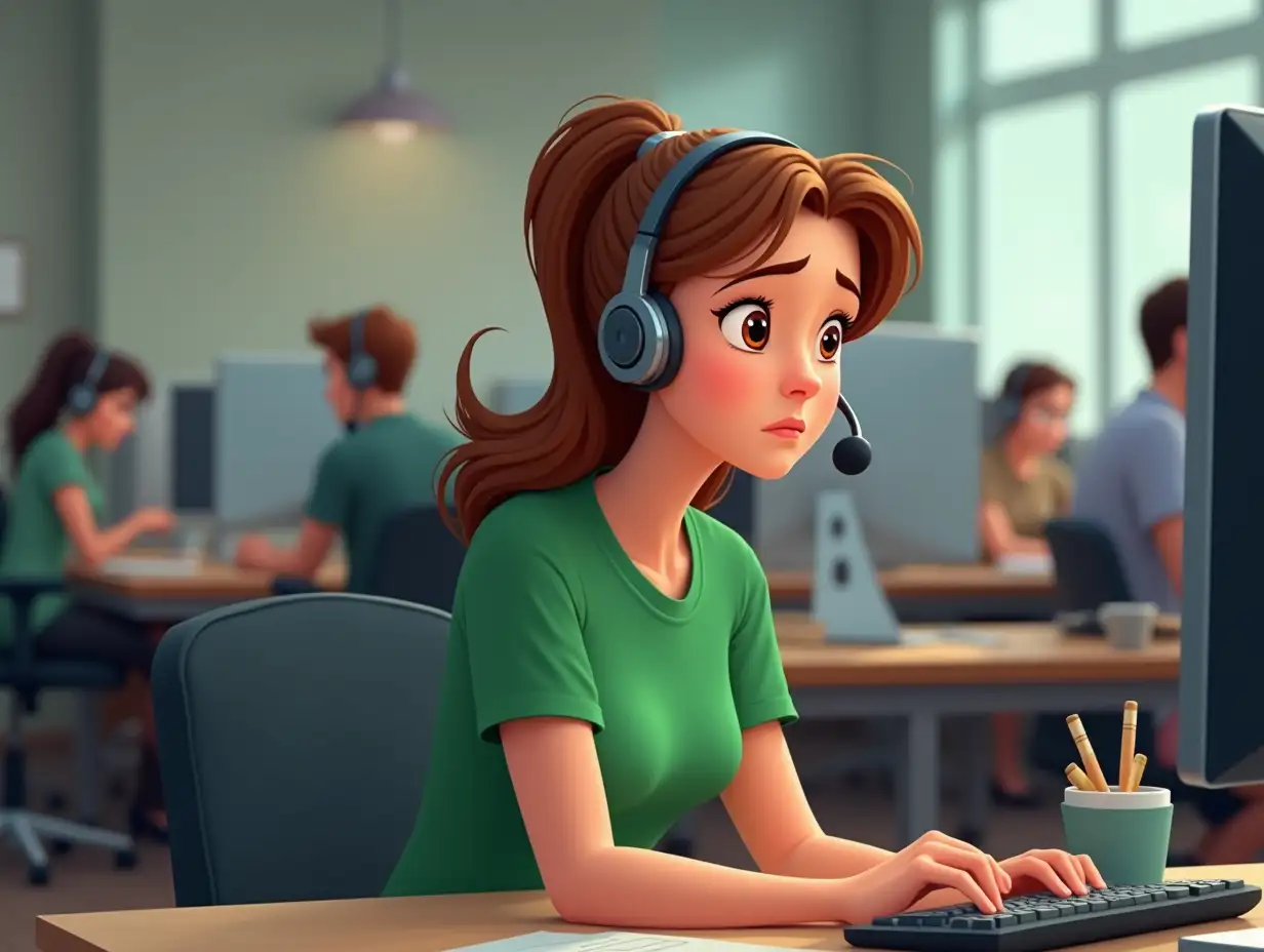 A young woman of European appearance with brown hair, wearing a green T-shirt and headphones with a microphone, sits at a call center desk. She looks at the computer screen and sad. In the background of the office, other employees can be seen busy at their desks, creating a busy work environment. Pixar style