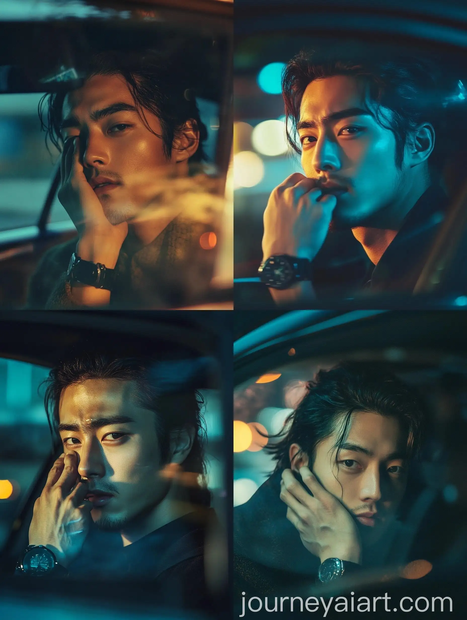 Contemplative-Korean-Man-in-Car-Side-Mirror