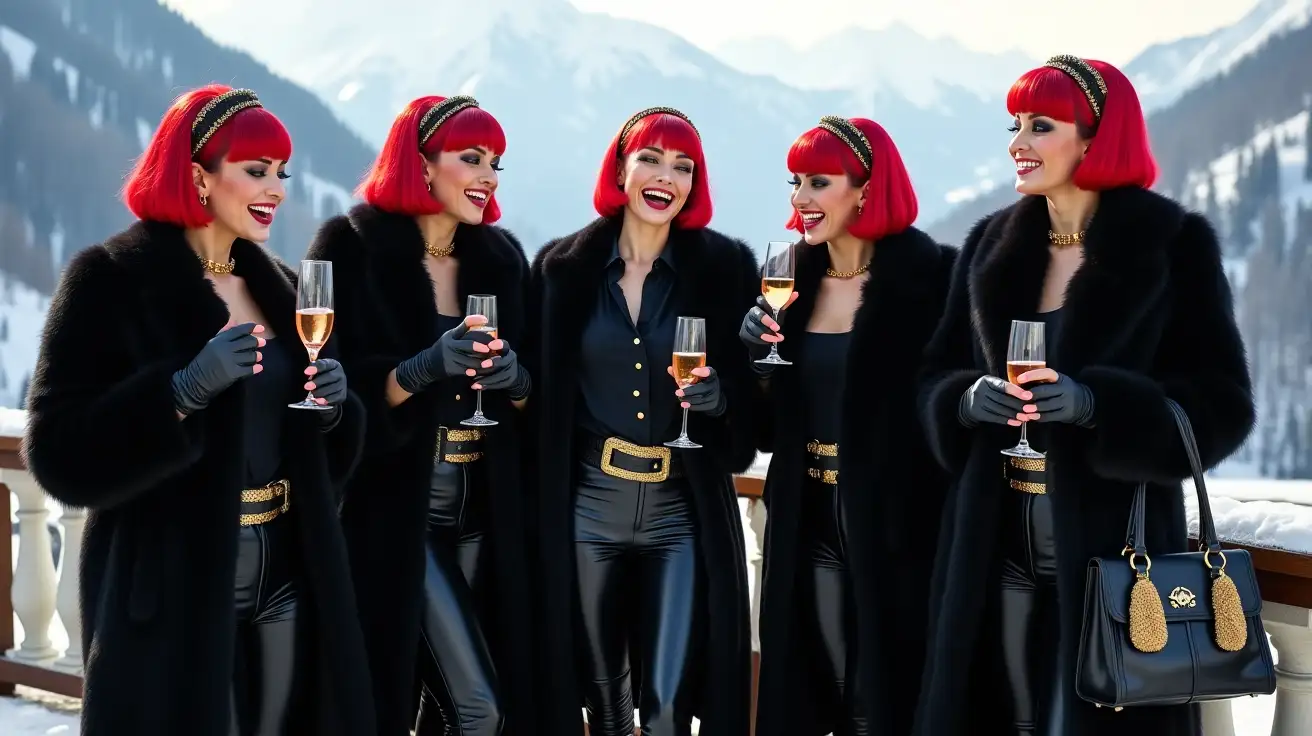 group  of cheering women in long black fur coat, red bowl haircut with golden headband, heavy black make up on the face, black blouse with golden buttons, gold chain neck collar, black leather gloves, black leather shiny pants with gold belt, thigh high black leather shiny platform boots, black leather purse with golden ornaments, full body view, women are on the balcony looking on snow capped Alpine hills, drinking champagne, glasses in their hands