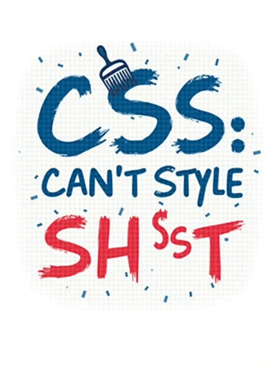 A humorous web developer-themed t-shirt design with the phrase 'CSS: Can't Style Sh*t' as the centerpiece. The 'CSS:' is written in large, bold blue letters with a cascading effect, while 'Can't Style Sh*t' is in a messy, handwritten-style red font below. Above the text, there's a stylized icon of a broken paintbrush. The background features a subtle pattern of curly braces and semicolons. The design is set against a white backdrop, with small blue and red code snippets scattered around to enhance the web development and frustrated coder vibe.