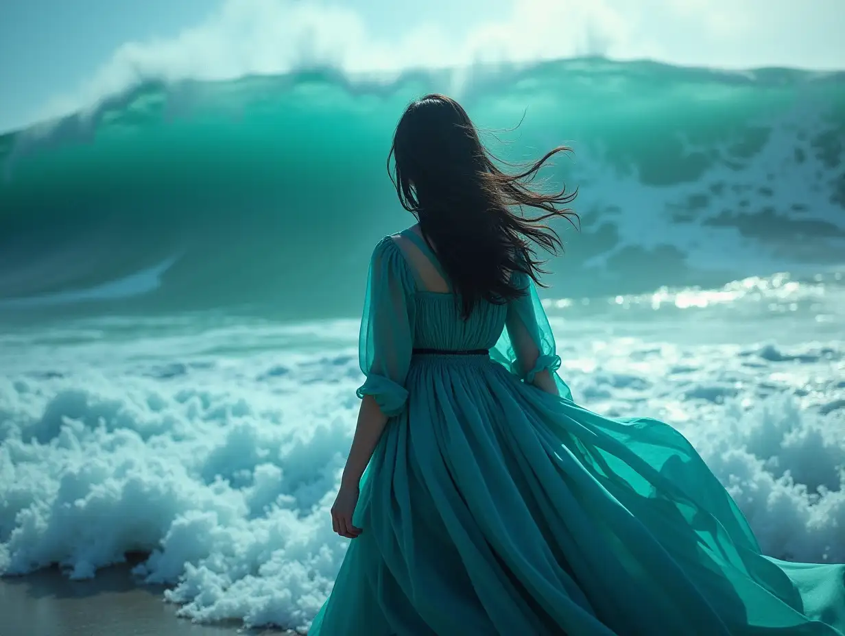 Beautiful-Woman-Gazing-at-Crashing-Waves-in-the-Sea-with-WindBlown-Dark-Hair