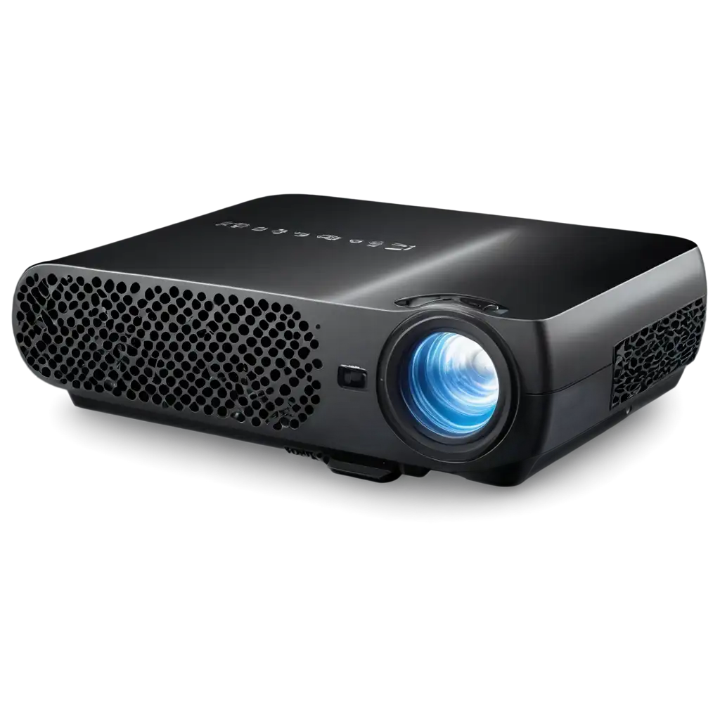 A sleek and modern projector viewed from a side angle, showcasing its compact design and lens. The projector is placed on a clean white surface, with a faint beam of light projecting forward, creating a subtle glow. The device features smooth edges, minimalistic buttons on top, and small ventilation grilles on the side. The color of the projector is matte white with metallic accents. The background is simple and minimal, with a soft gradient lighting effect that enhances the futuristic and professional appearance of the projector.