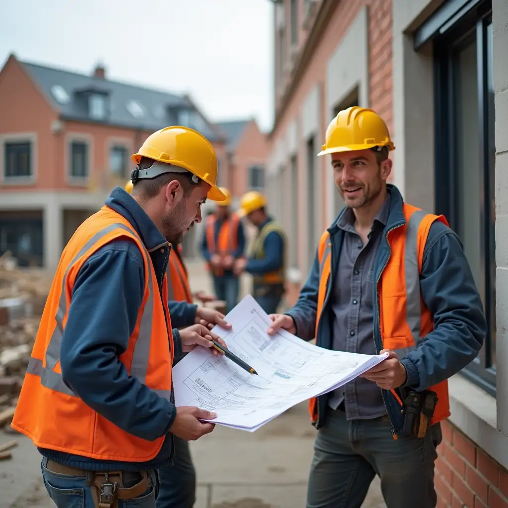 A construction site where an experienced team of professionals is working together. The workers are dressed in proper gear, using modern tools and equipment. One employee is overseeing the project with blueprints, while others are building the structure, laying bricks, and installing windows. The workers' faces show confidence and expertise, and their collaboration highlights teamwork. In the background, the building is taking shape, symbolizing quality and craftsmanship. The atmosphere is professional and organized, emphasizing the team's experience and reliability