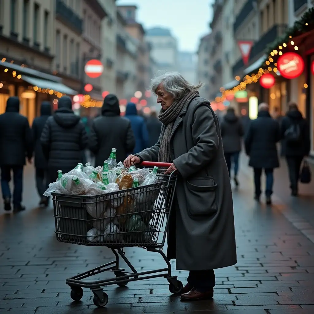 Pensioner-Searching-for-Bottles-in-a-Busy-Christmas-Pedestrian-Zone