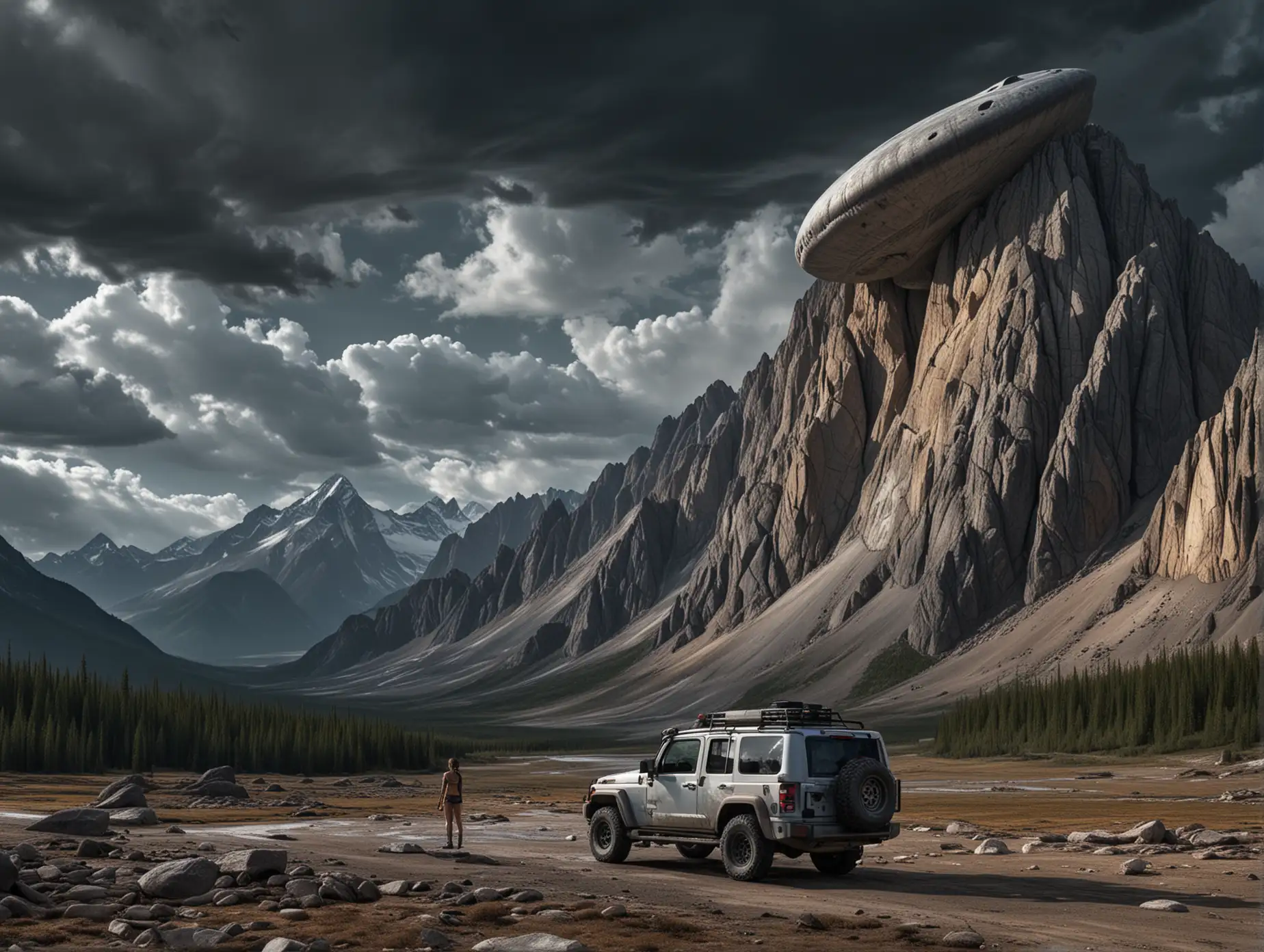 An alien ship is seen in dark sky clouds in a mountain valley with high-resolution and highly detailed mountain rock texture in Jasper National Park, with a female astronaut in a bikini standing in front of her vehicle in the distance. The image is high-quality and high-resolution. No NSFW.