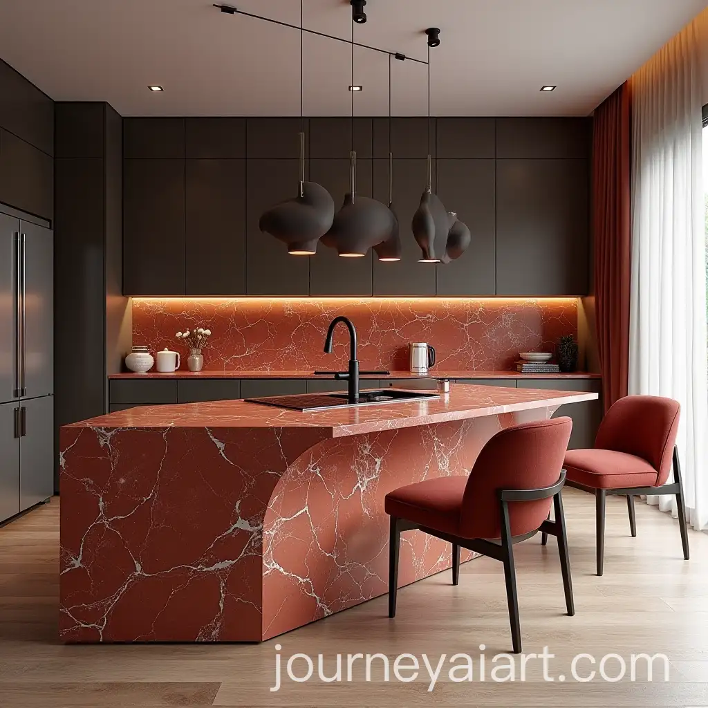 Modern-Kitchen-Design-with-RedBrown-Marble-Curtains-and-Island