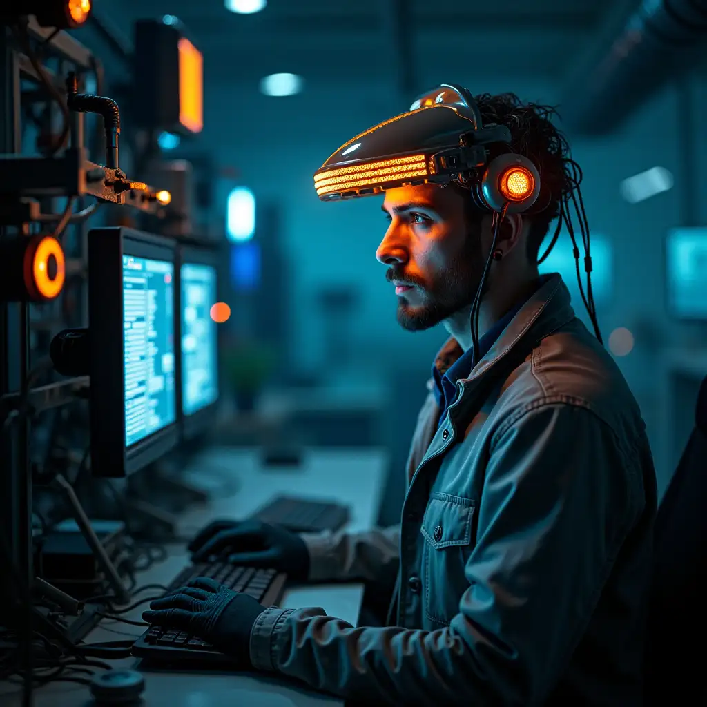 futuristic laboratory with a man with a glowing helmet and wires connected to an experimental machine