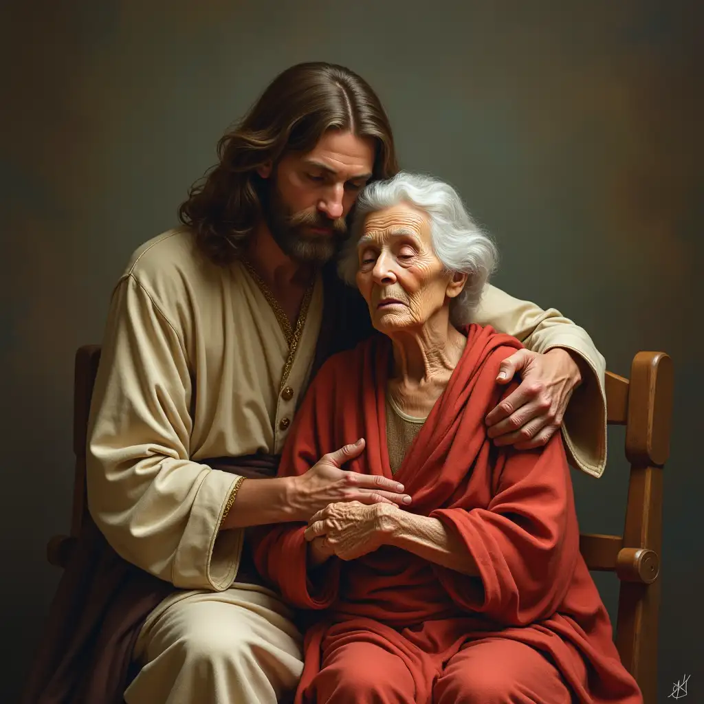 Imagine Jesus sitting, hugging a grandmother, looking straight ahead.