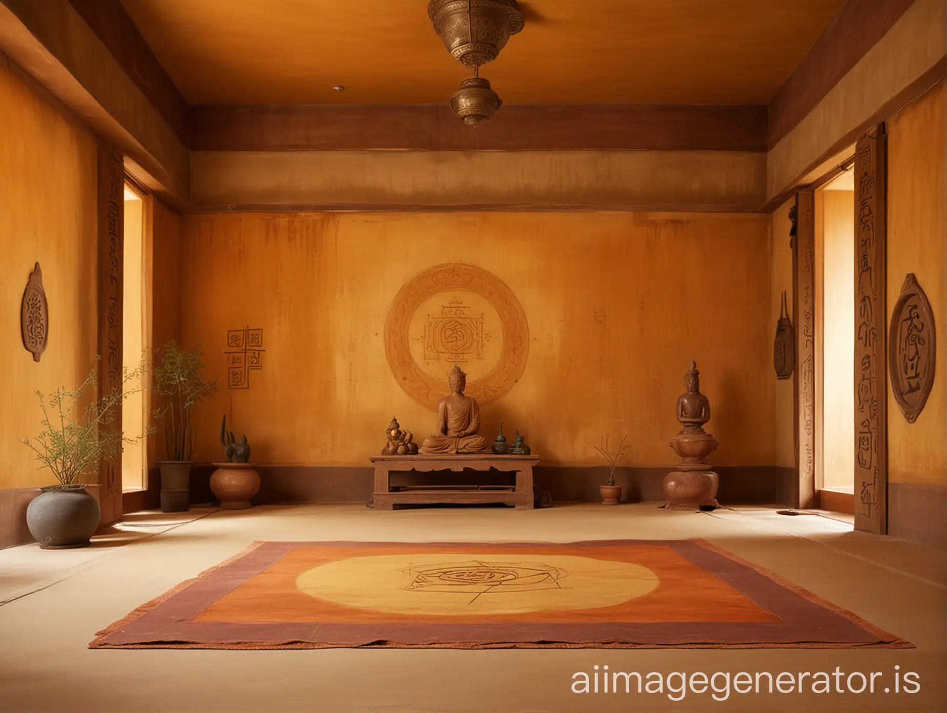 ZenInspired-Ochre-Room-with-Chakra-Drawings-and-Focused-Lighting