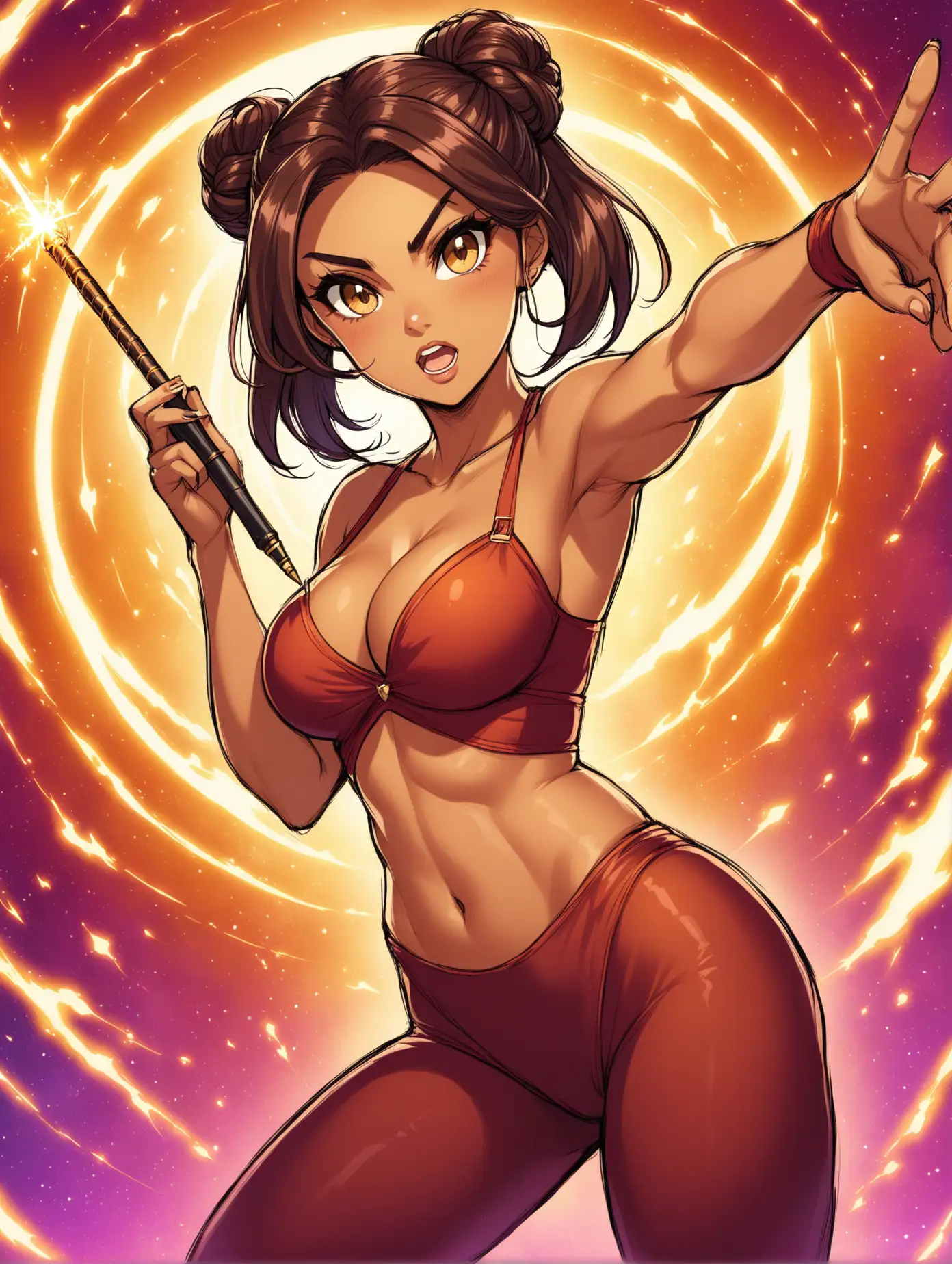 Subject: the main subject of the image is a stylish, anime woman, in a fight., Costume and appearance: Latina in her mid-twenties. She is tanned. She has dark brown, Wavy, shoulder length hair.  she is wearing mahogany colored tights. She has Brown eyes. Her hairstyle is spacebuns. THe woman is wearing a bra.  She is wearing jordans basketball shoes. The woman has a (cameltoe).  Her expression is furious. THe woman is not wearing underwear. The woman is not wearing panties., Style/coloring: THe image may showcase vibrant colors to highlight her personality and fashion-forward style., Background: The background is the inside of a volcanoe, Action: . The woman's arm is outstretched. THe woman is holding a wand in her outstretched arm. The woman is shooting a spell from her wand., Items: a magic wand