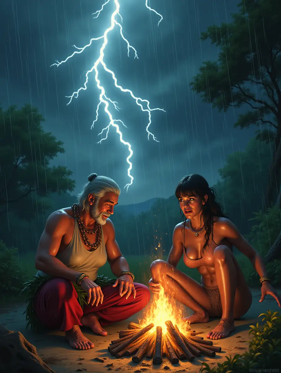 Twisting lightning sparkles in the sky. A woman with a large bust, a short light haircut, dressed in a tight blouse and red trousers, shoes on her feet, shudders in surprise. Rain irrigates everything around, but does not touch the clearing and the three characters sitting by the fire. The first character is the Sorcerer, this is a bald old Japanese man, dressed in a loincloth made of leaves and shaman beads around his neck, holding a woman by the left hand. On the other side, a frightened woman is held by her right hand by a second character - a terrible gargoyle, dressed in tennis and shorts. In the eyes of a woman fear and panic.