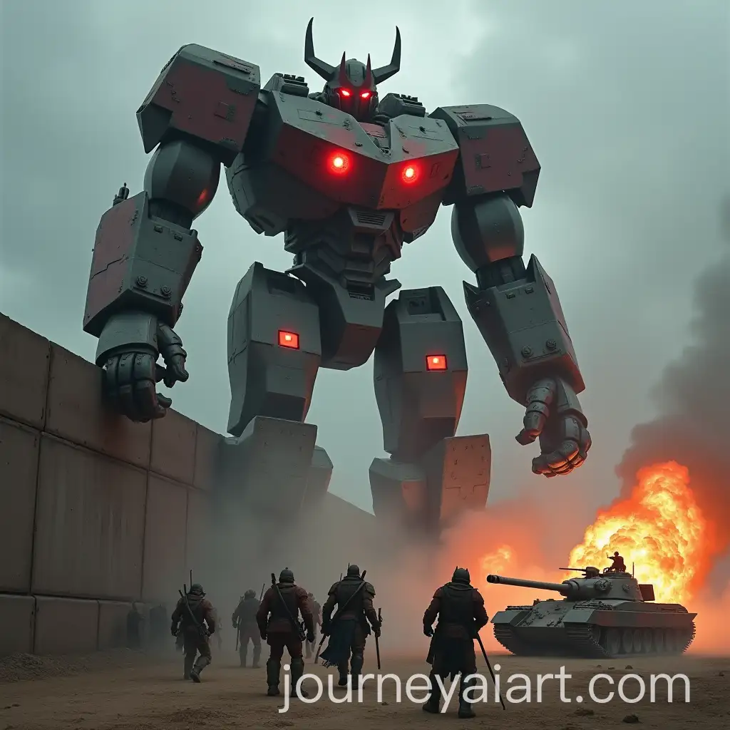 Titan-Robot-Overlooking-Warriors-with-Exploding-Tank-in-Battle