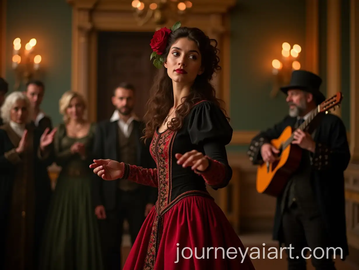 18th-Century-Gypsy-Woman-Dancing-in-Red-and-Black-Dress-with-Guitarist