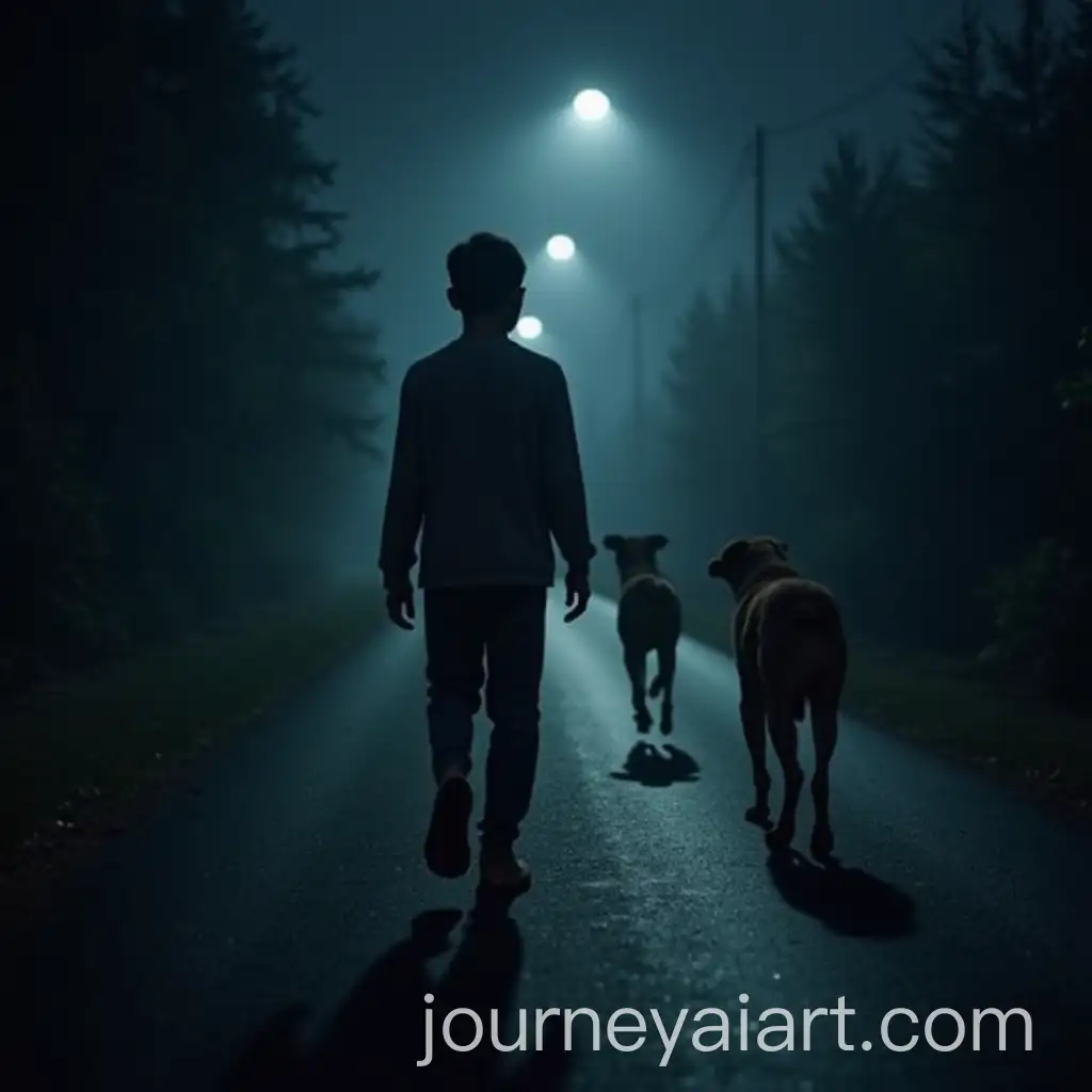Young-Man-Walking-Alone-at-Midnight-with-Dogs-Following-in-Eerie-Dark-Setting