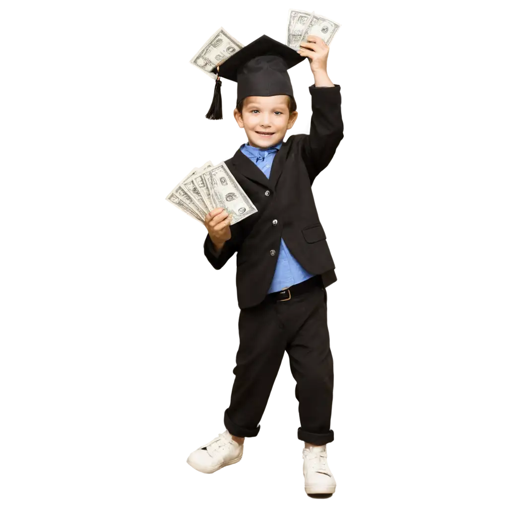 A smiling 5 year old boy wearing graduation beret holding many 100 dollar bills as he does a charles chaplin hop