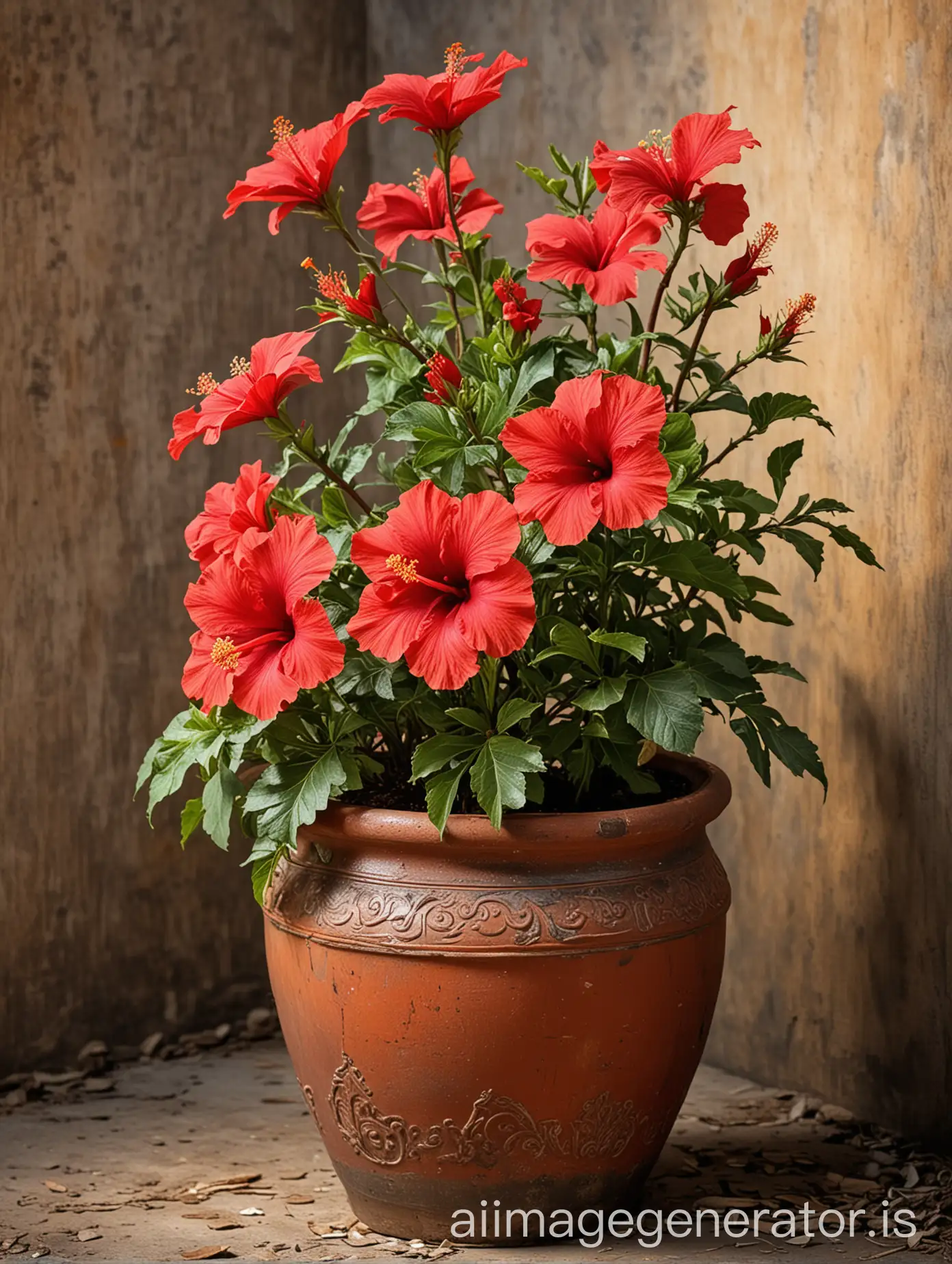 Antique-Old-Pot-with-Red-Hibiscus-Plant