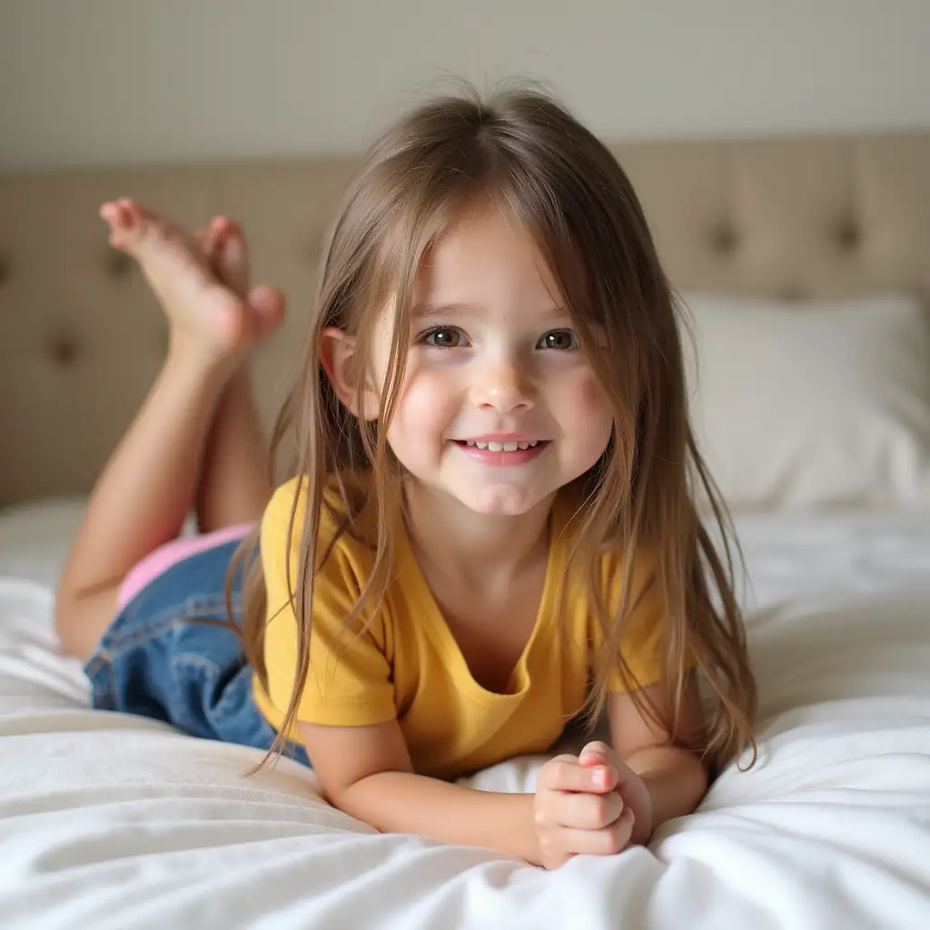 6YearOld-Girl-Relaxing-on-a-Cozy-Bed-in-Denim-and-Yellow