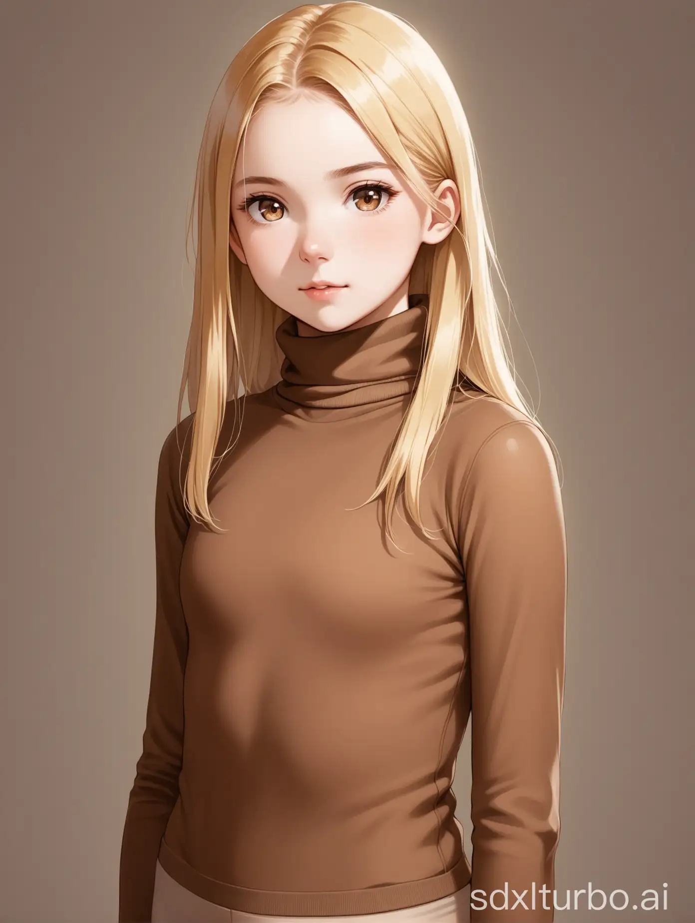 Portrait-of-a-ThirteenYearOld-European-Blonde-Girl-in-Brown-Turtleneck-and-Leggings