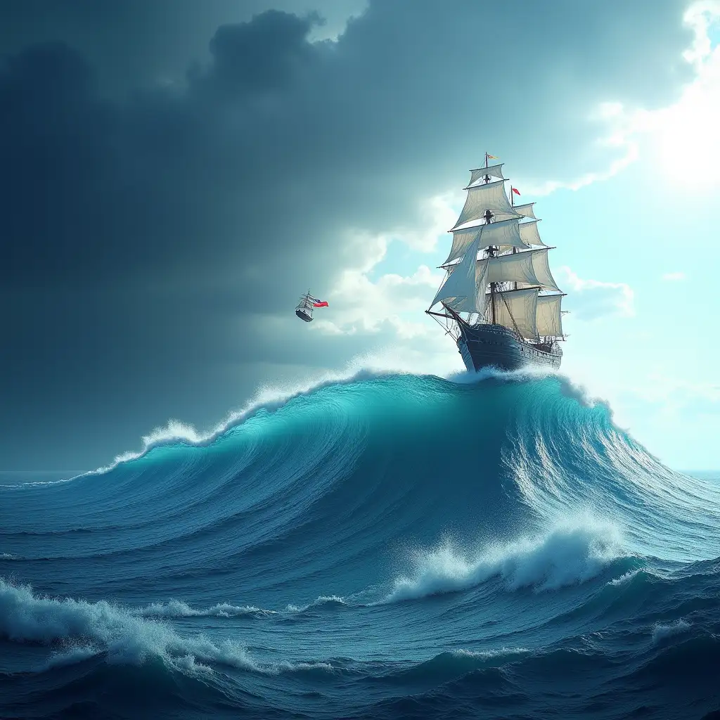 Scene: the ocean has three stages of waves, on the second stage is a small ship, on top of the last third large wave is a large ship with red, white and blue sails. Dark stormy sky on the left. There is a bright, sunny sky on the right.