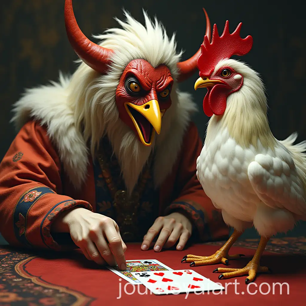 Tengu-Yokai-Engaged-in-Poker-Game-with-a-White-Chicken