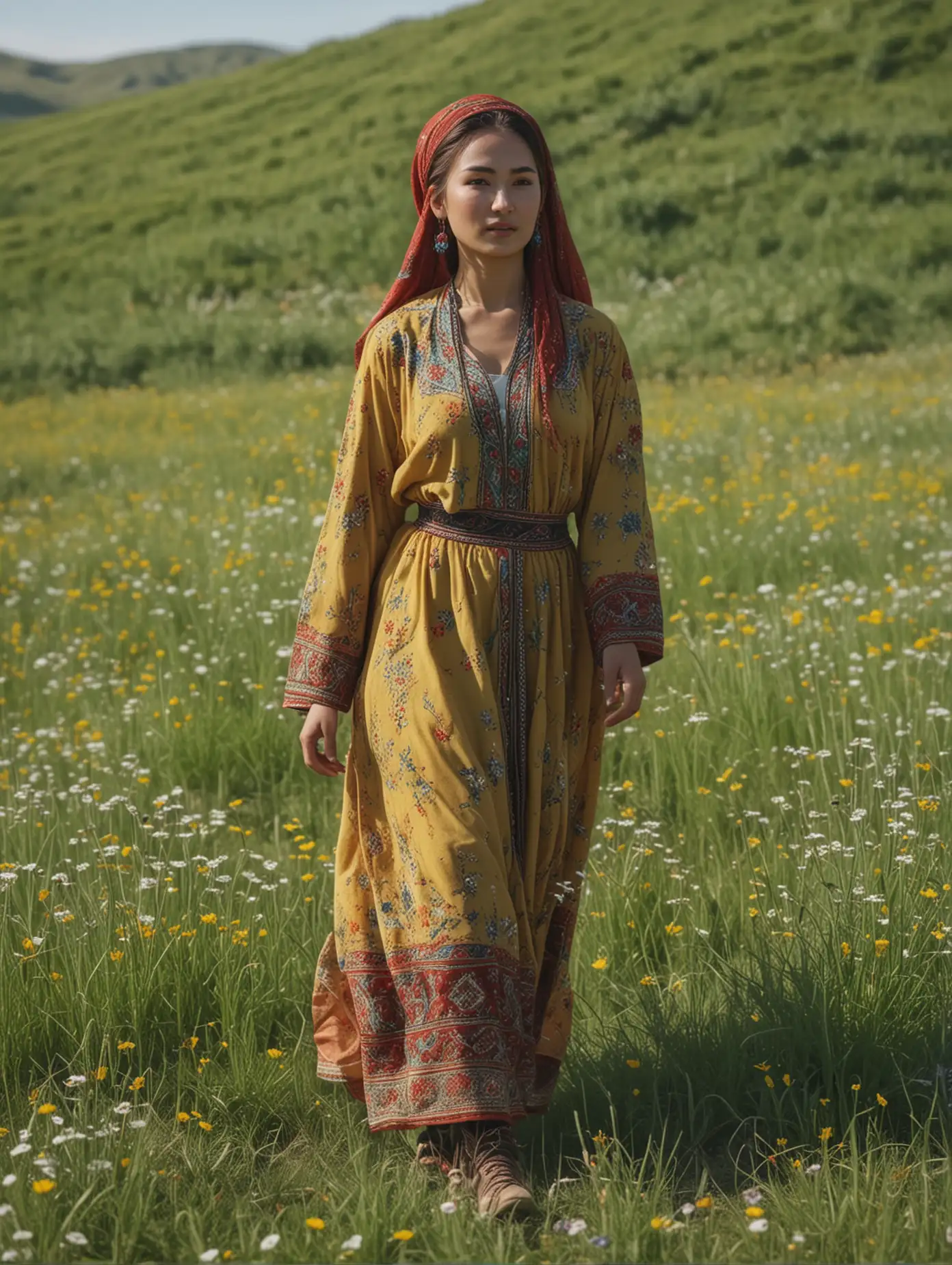 gorgeous uighur woman, xinjiang province, walking on the beautiful meadow  detail  background, natural colors, professionally color graded, photorealism, 8k, Photos with very high detail