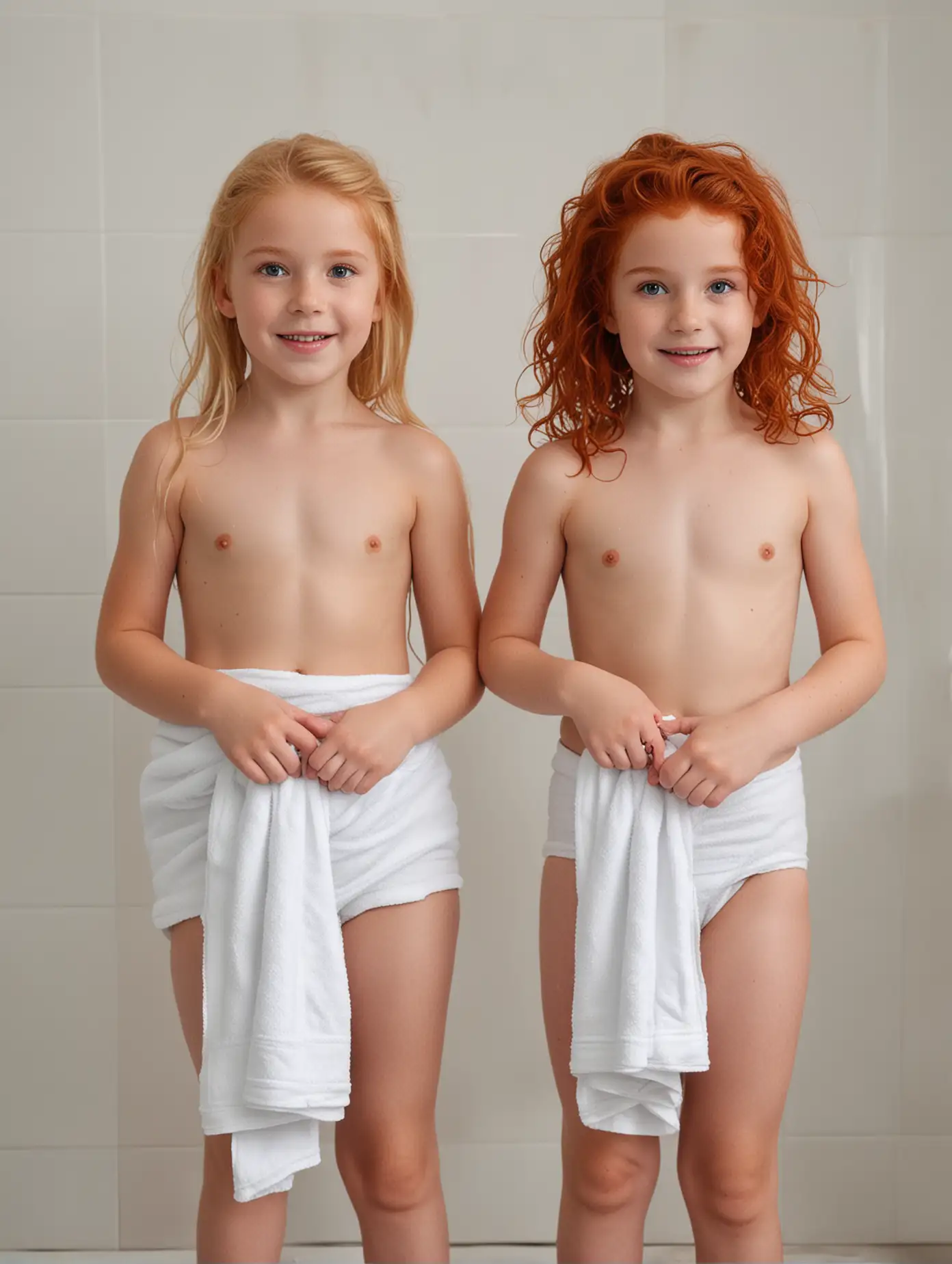 Three-Young-Girls-in-Bathroom-with-Towels-Around-Waists