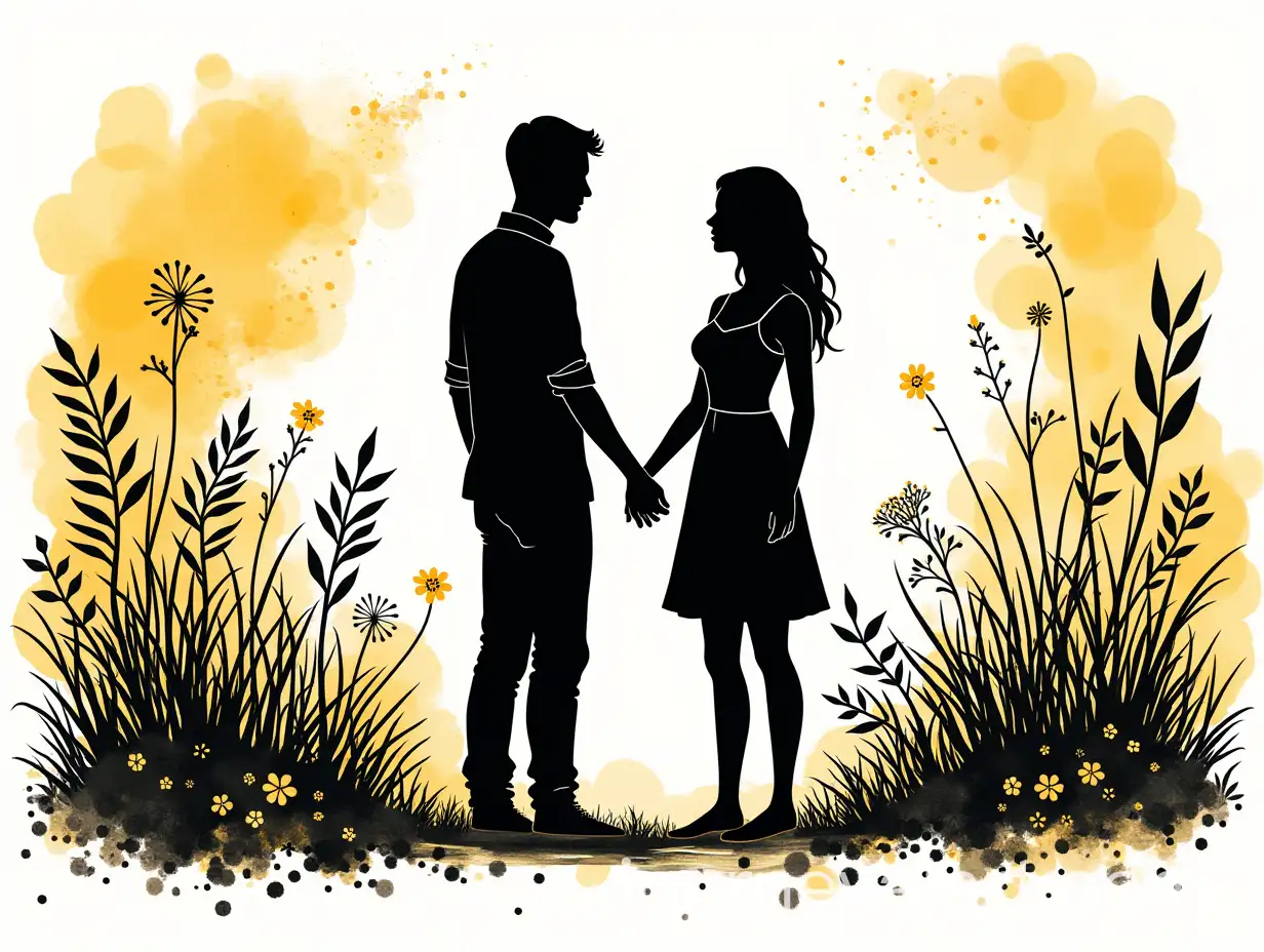 Couple-Holding-Hands-in-Lush-Garden-in-Ink-Style-with-Natural-Clothing
