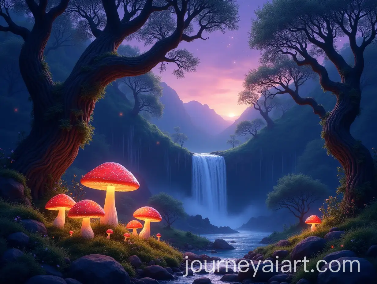Enchanted-Forest-Twilight-Scene-with-Glowing-Mushrooms-and-Waterfall