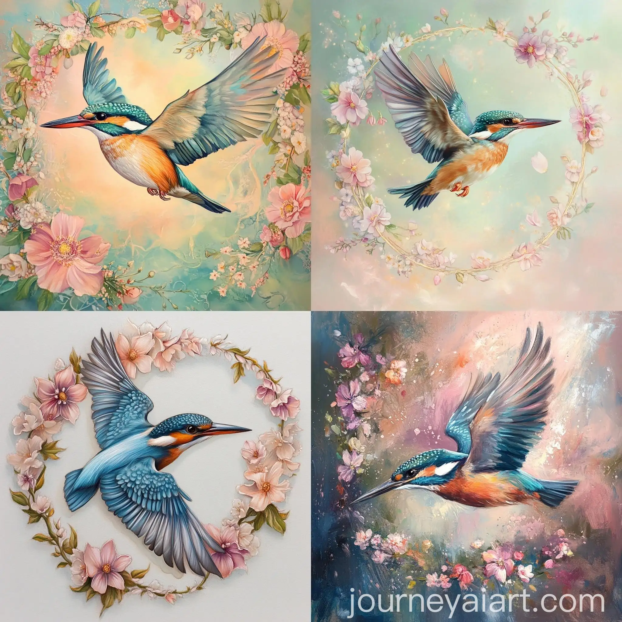 Pastel-Kingsfisher-Bird-Flying-with-Surrounding-Flowers