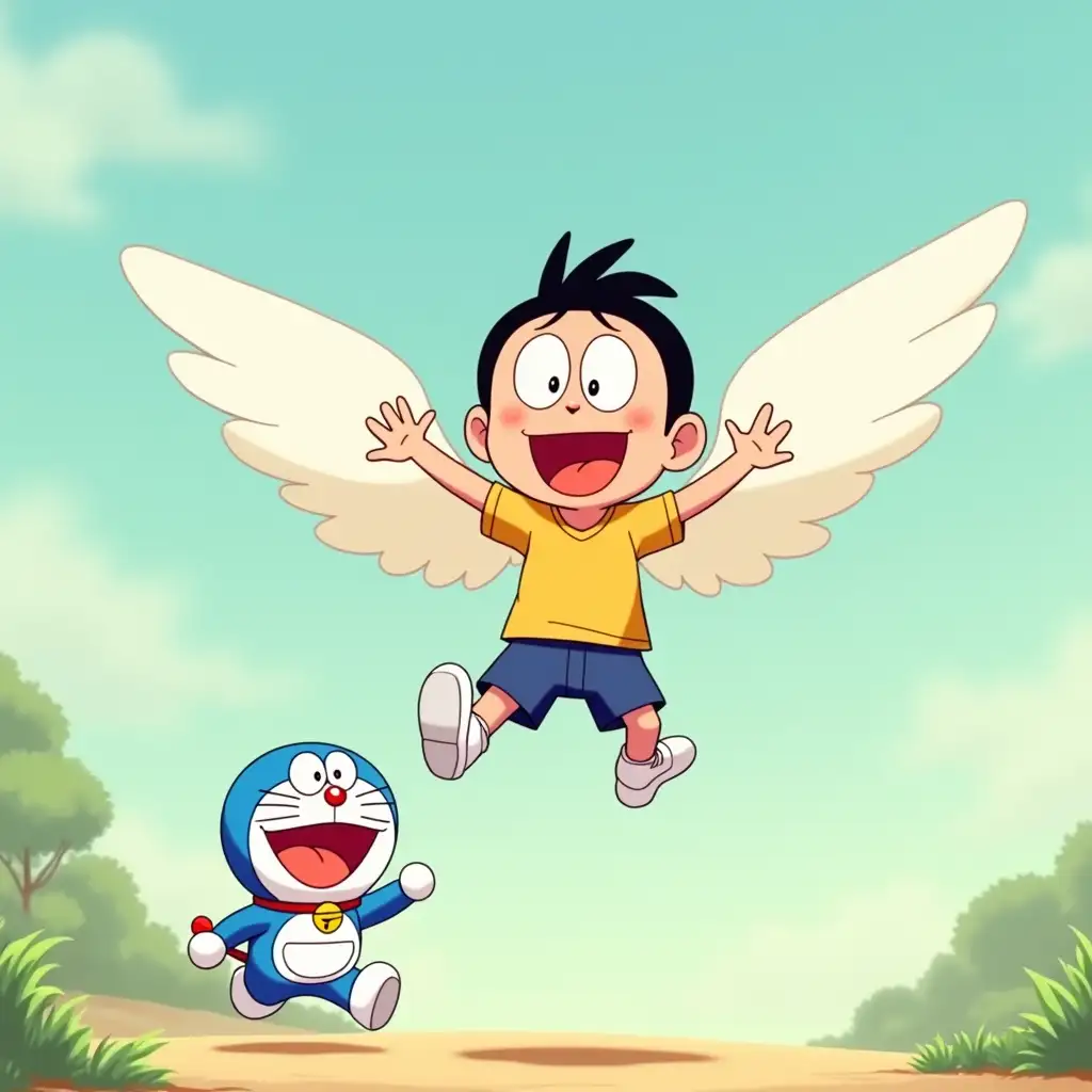 Visual: Nobita floating joyfully in the air with wings on his feet, while Doraemon chases him in the background.