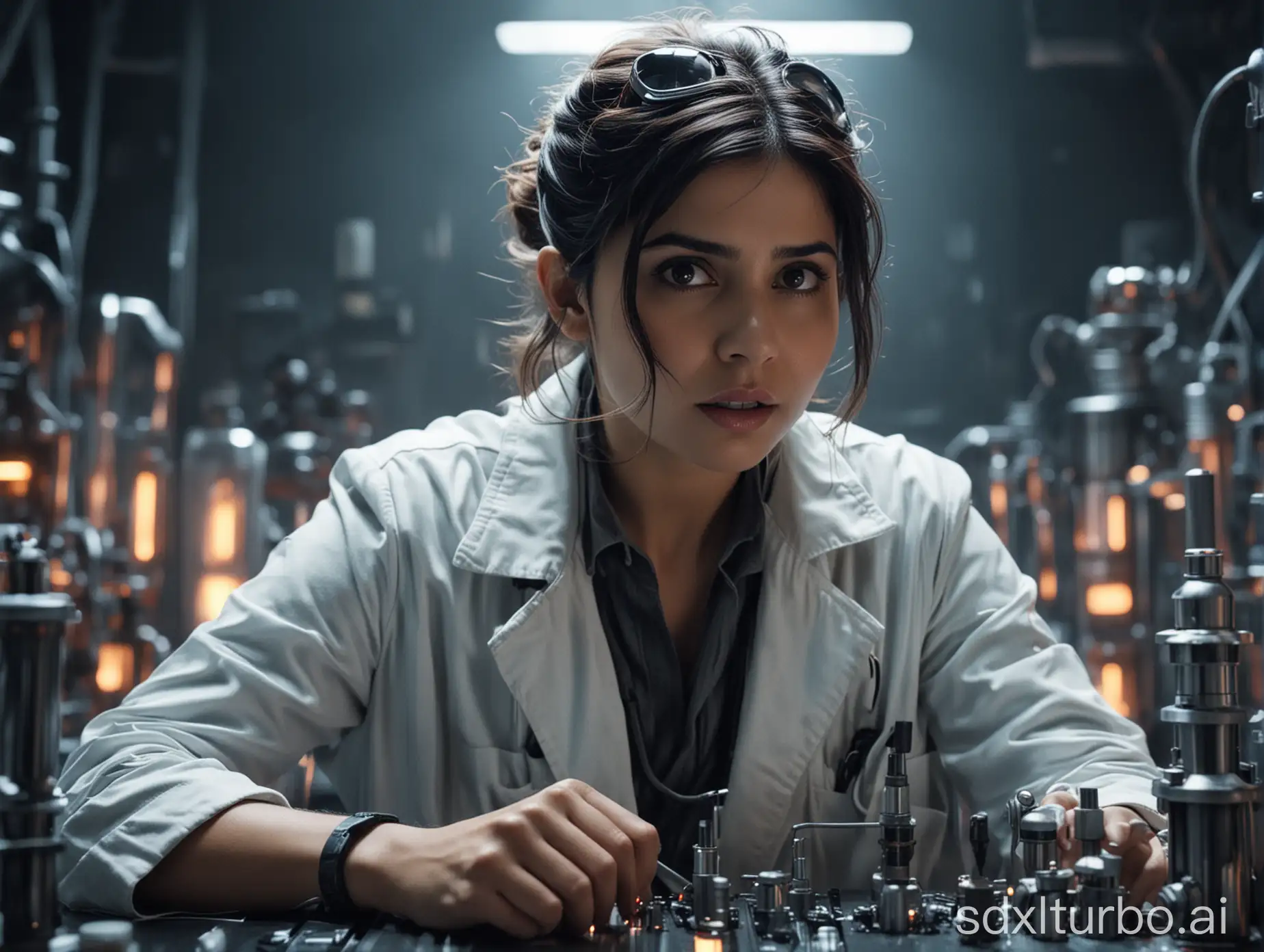 8k cinematic image of Samantha Ruth Prabhu as a mad scientist in a science fiction movie.