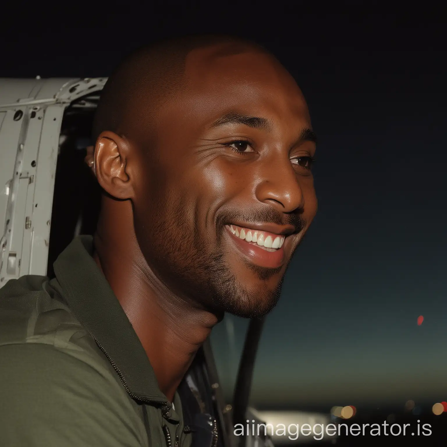 Kobe is leaning on the outside of a helicopter, smiling, it's night time, and the evening wind is blowing on his face