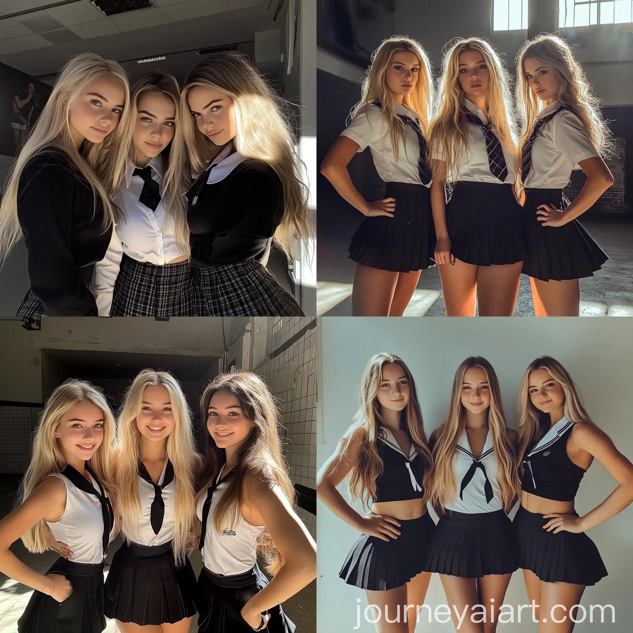 Three-Blonde-Women-in-School-Girl-Uniforms-Posing-at-Photography-Studio