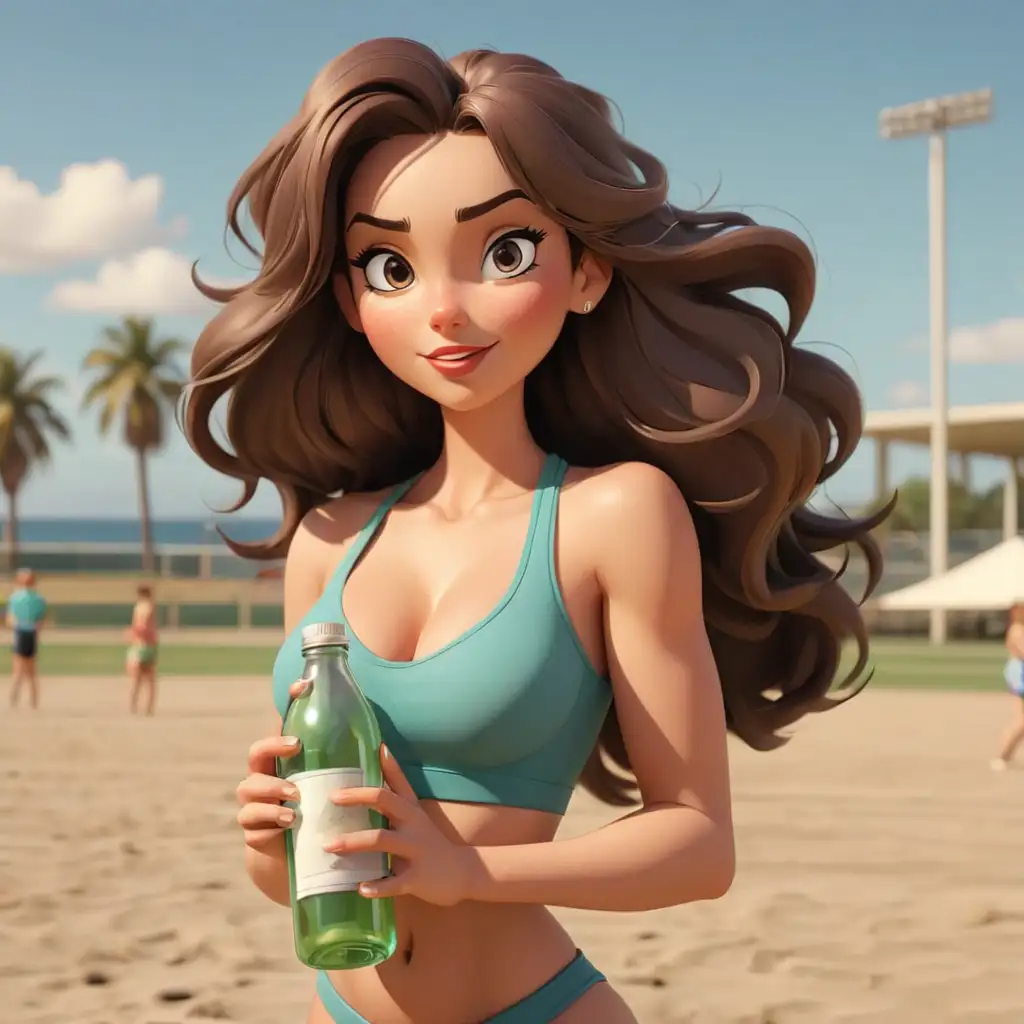 Cartoon-Woman-Holding-Bottle-at-Sports-Field-and-Beach