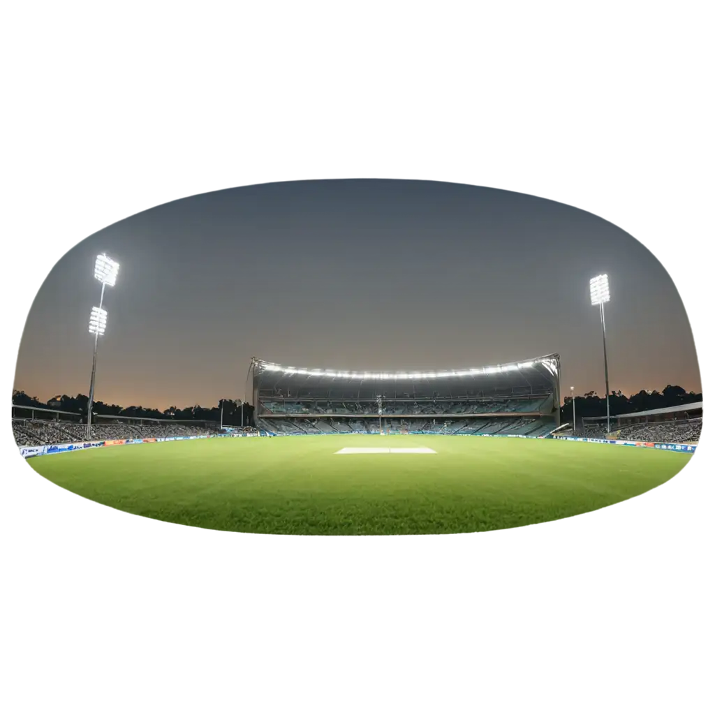 A nighttime cricket stadium with bright, towering floodlights illuminating the green field. The grass is lush and well-maintained, with pitch markings clearly visible at the center. Stadium seating surrounds the field, filled with subtle hints of an enthusiastic crowd. The sky above is dark, with a few faint stars, creating a dramatic contrast with the bright floodlights. The atmosphere feels electric and lively, capturing the excitement of a big match. Soft shadows are cast by the lights, and the glow from the floodlights adds a warm ambiance to the scene.