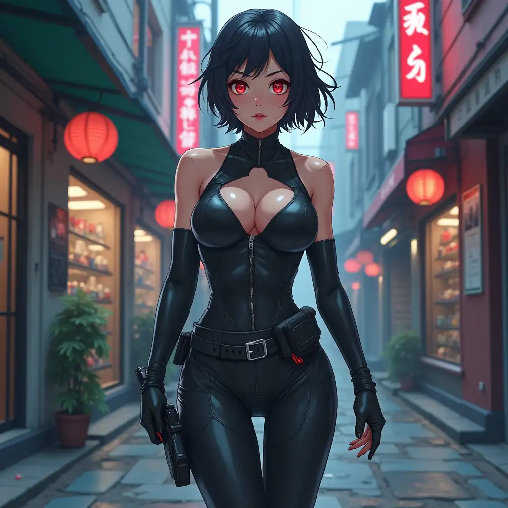 Short hair, mature Asian woman thief cyber runner in a dynamic full-length pose, eyes with red electronic pupils, large breast, extreme skintight body glove zipped down with cleavage, combat boots and combat belt. Full view of her body from boots up, low wide angle. Future store filled city alley street. Anime