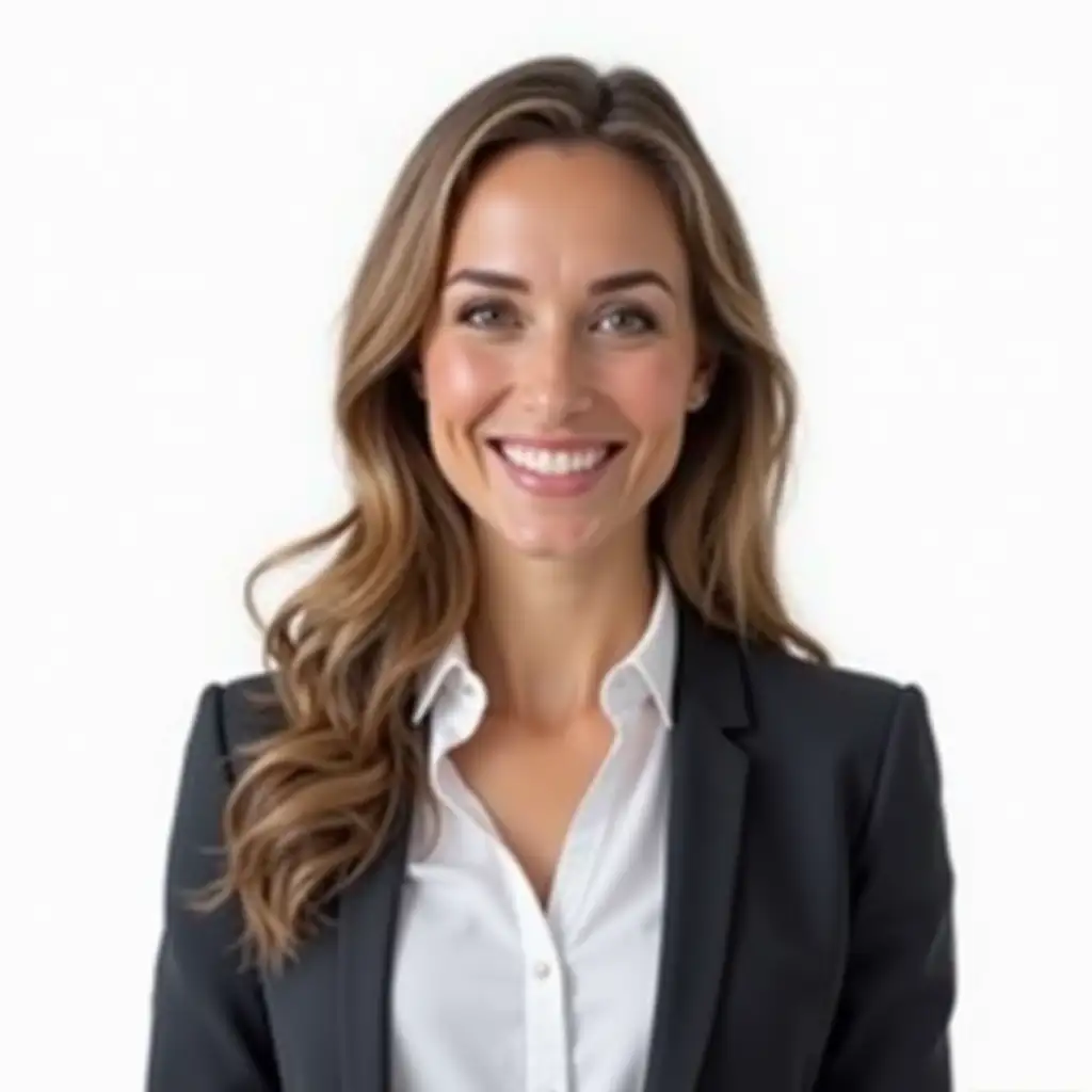 a realistic photo of a female realtor in business attire with a shirt on white background, the woman is smiling, the woman is 30 years old