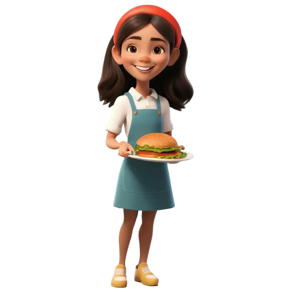 Animated image of a girl smiling with food and wearing an apron. Image should be passport size