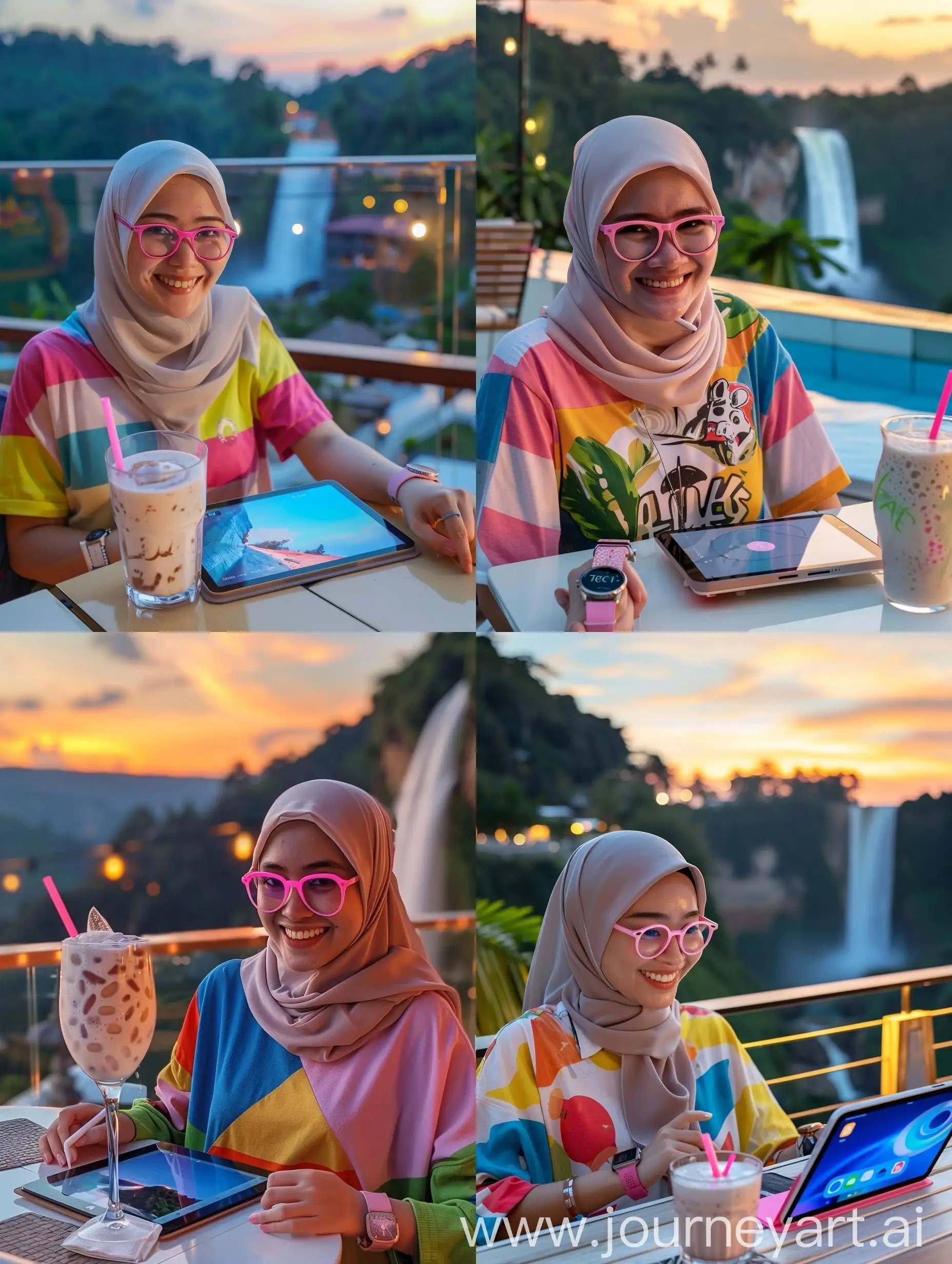 Cheerful-Asian-Muslim-Woman-in-Hijab-Enjoying-Sunset-with-iPad-and-Milkshake