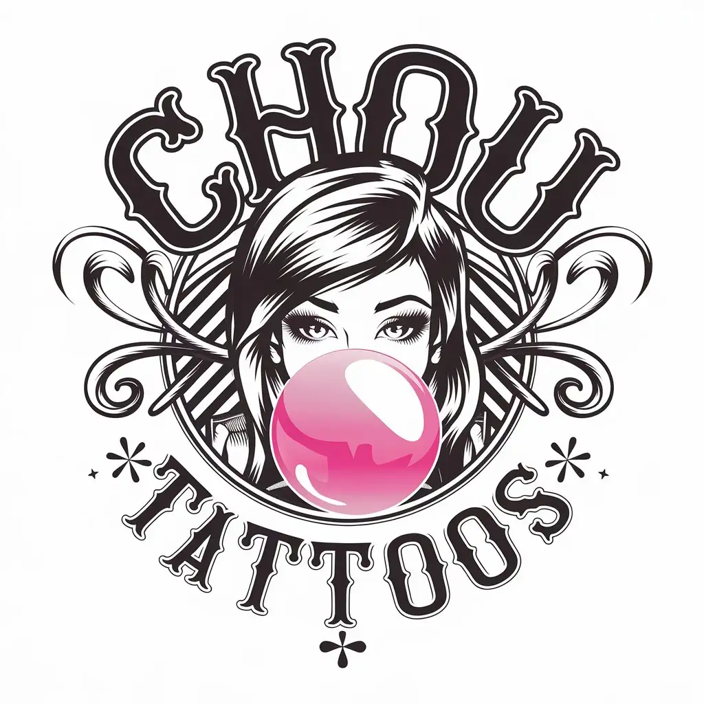 LOGO Design for Chou Tattoos Vector Logo Featuring a Girl Blowing a Bubble with Gum