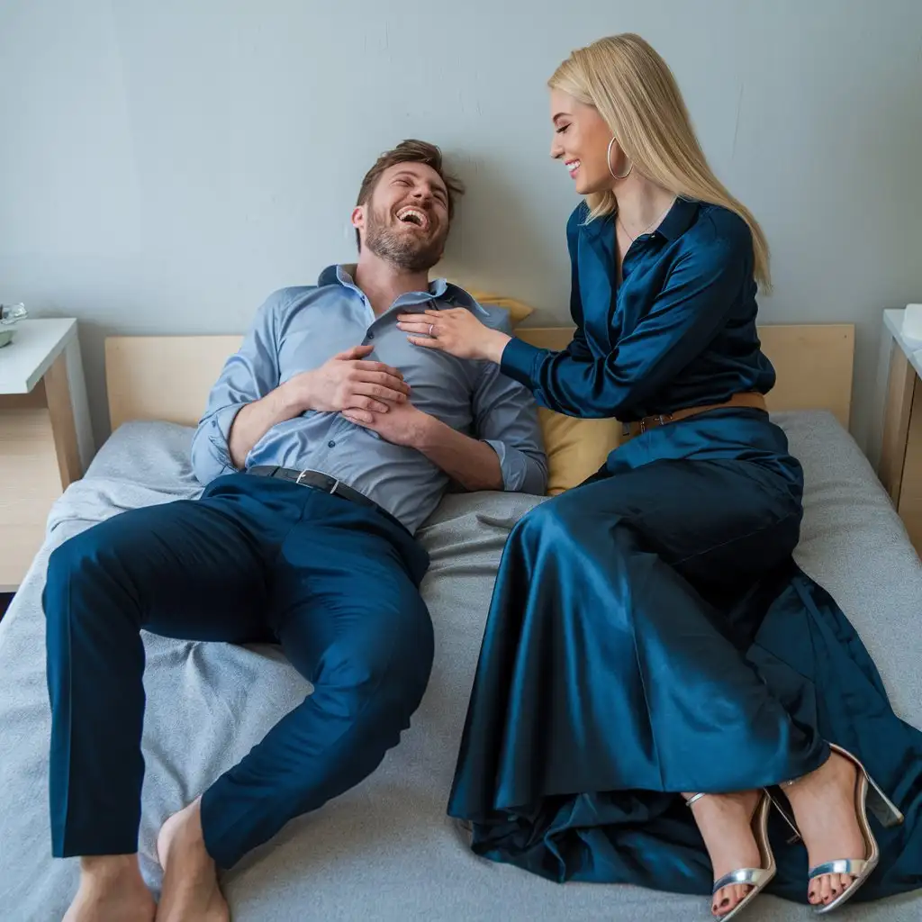 a side floor view of a man lying on his back on a bed. He is is laughing hysterically. He is wearing a shirt and trousers. No shoes. A beautiful smiling blonde woman is sitting beside him. She is looking into his eyes. She is touching his chest. She is wearing a dark blue satin blouse, belt and long dark  blue satin maxi circle skirt and silver strappy heels.