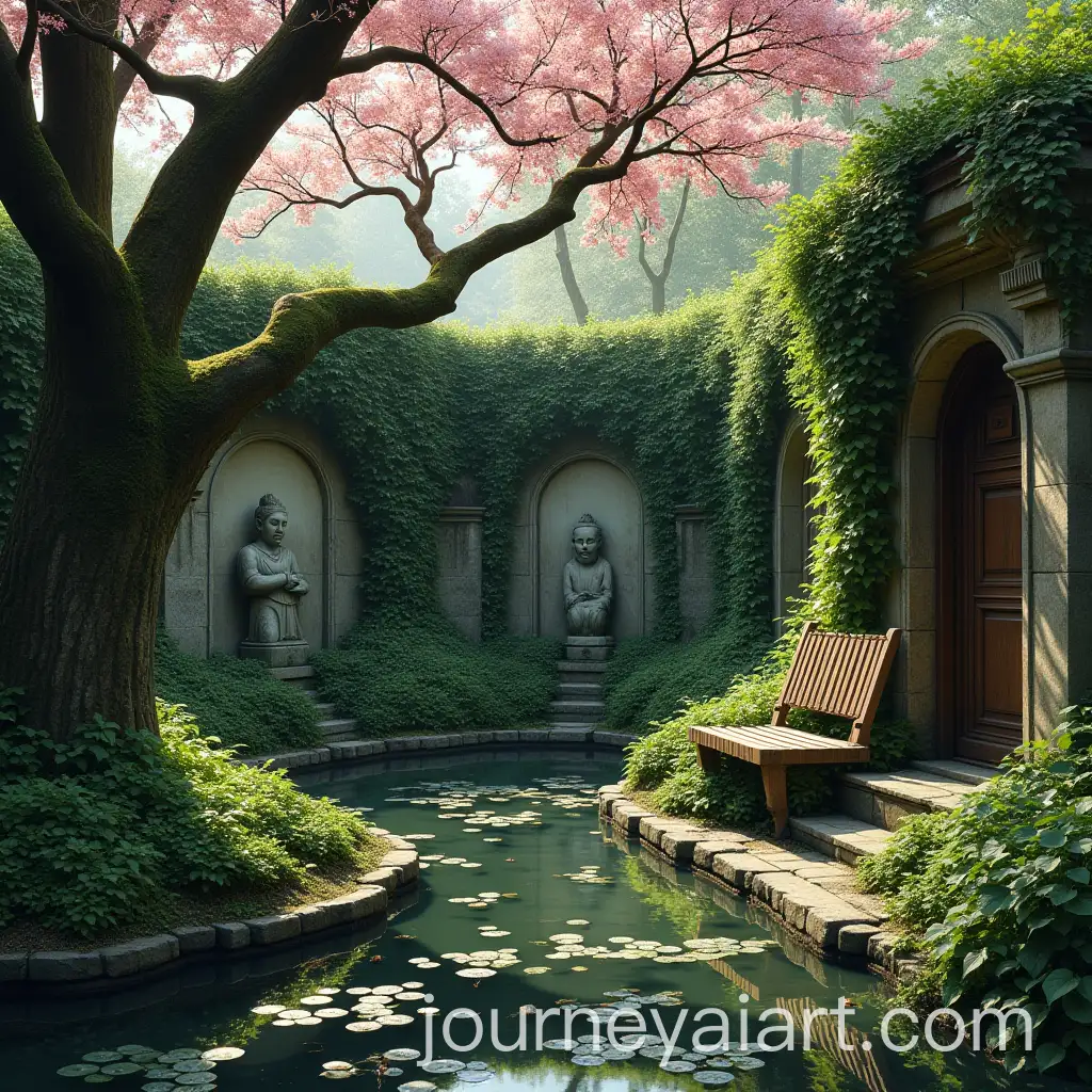 Secret-Garden-with-Cherry-Blossom-Tree-and-Pond-in-Sunlit-Forest