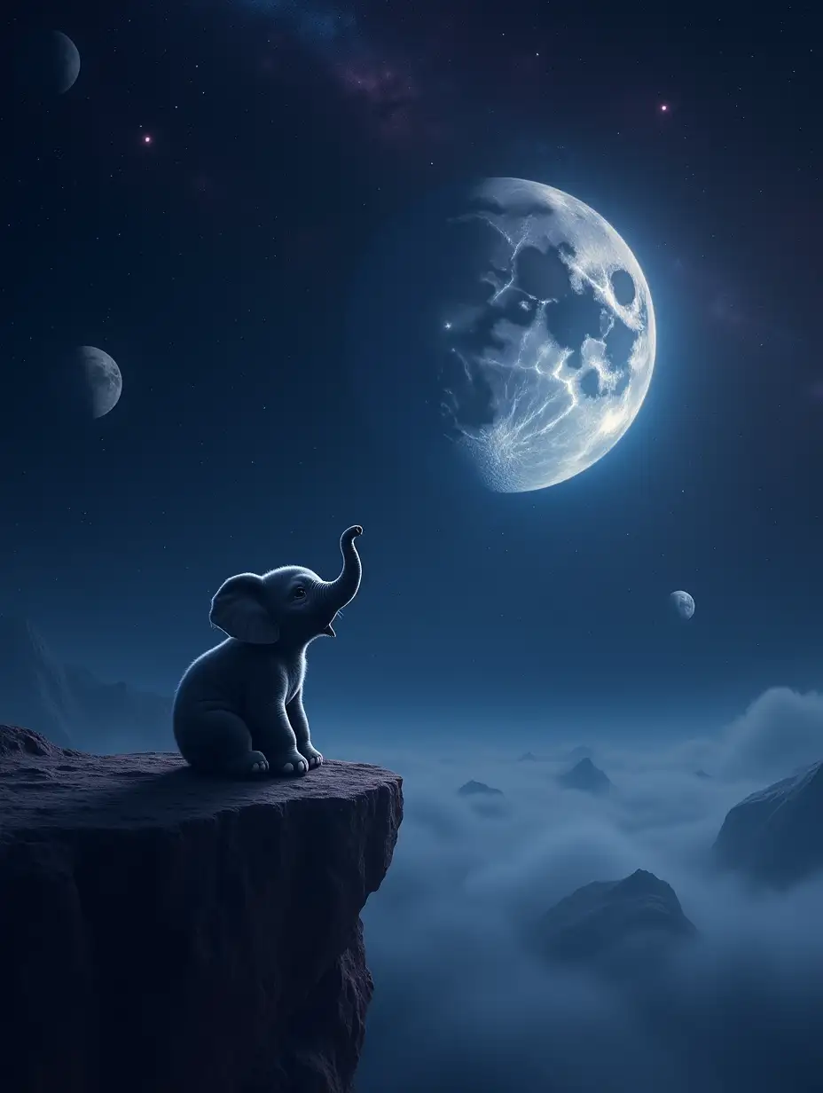 A realistic space scene: on the edge of the planet, with a steep view in the endless space, a small elephant is sitting. He looks thoughtfully into the distance, admiring the star universe. Around it is an endless scope with bright stars, distant planets and a huge moon, illuminating the space with soft light. Cosmic colors are deep blue, purple and black tones with flickering accents of stars and foggy. The elephant looks touching and dreamy, creating a contrast between its tenderness and the grandeur of the cosmos. The scene conveys the atmosphere of peace and infinity.