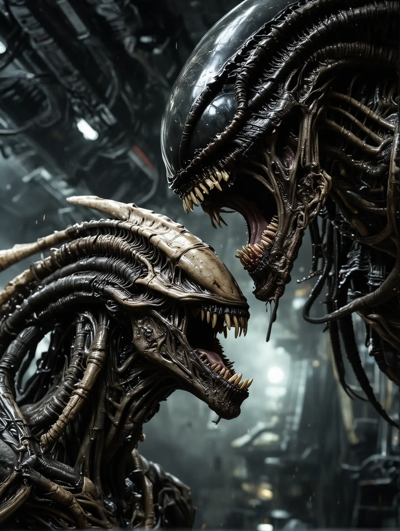 Xenomorph-and-Predator-Confrontation-in-Nostromo-Spaceship-with-Acid-Dripping-Mouth