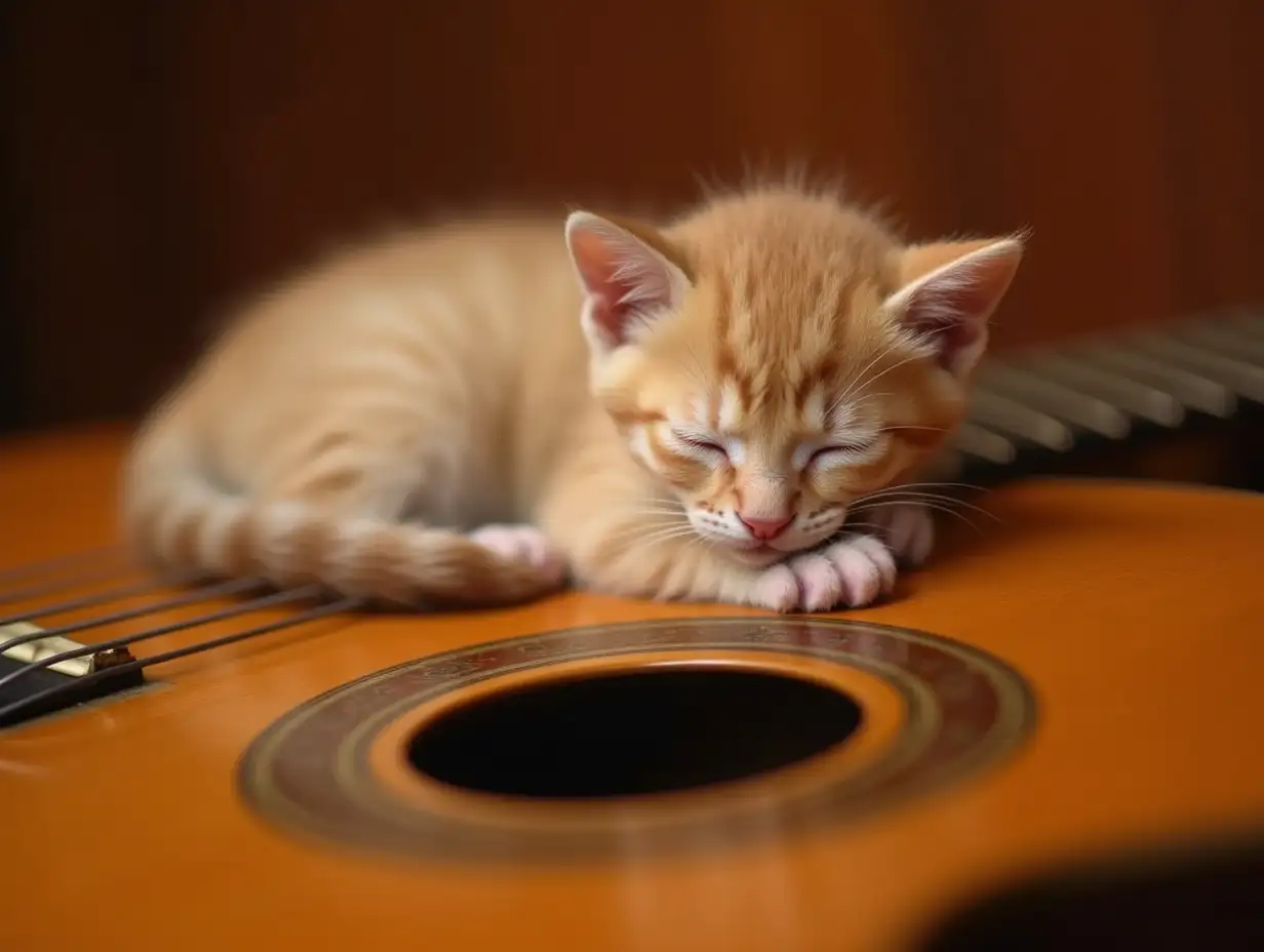 Small-Kitten-Sleeping-on-Classical-Acoustic-Guitar-with-Warm-Ambient-Lighting