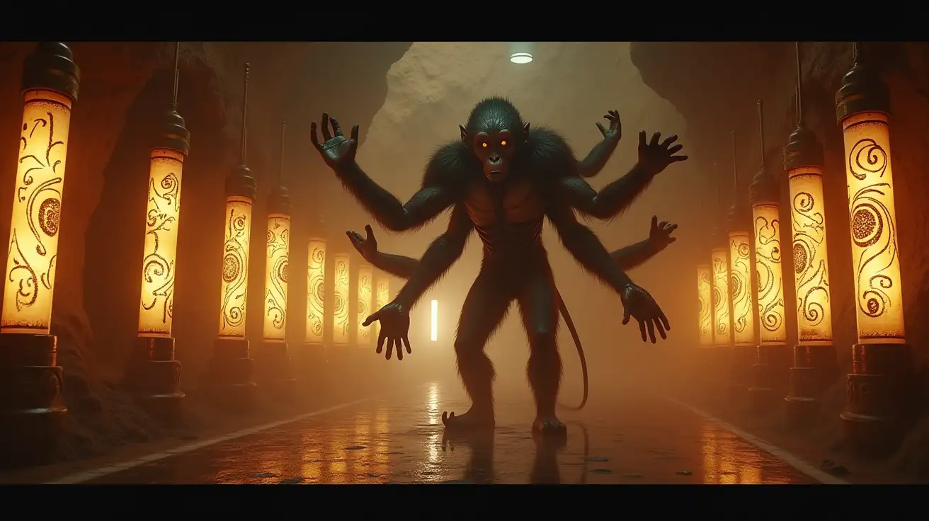 a large 8 armed monkey discovers a sacred sanctuary of Aliens in the basement of Mars, the Aliens are in backlit cryogenic tubes decorated with complex and strange symbols, there is a little fog in the room, Sci style -Fi blockbusters, Alien Covenant movie, cinematic lighting