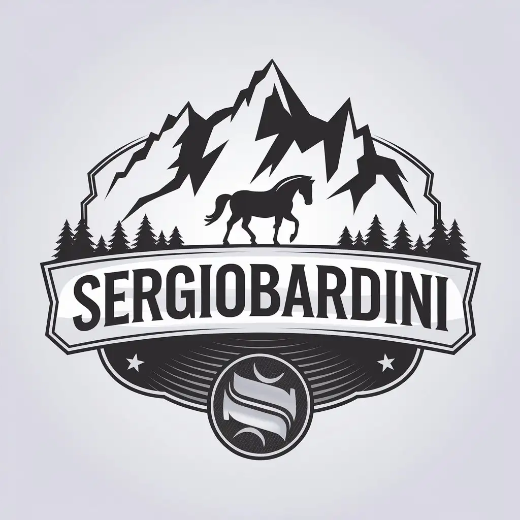 a vector logo design,with the text "SergioBardini", main symbol:horse, alps, italy,complex,be used in Travel industry,clear background