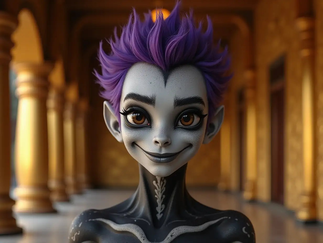 Young black and white patterned boy with alien face, long neck with purple hair, with a slight smile on his face, underlining his smile, modern, in a temple with much gold of various shades 4k